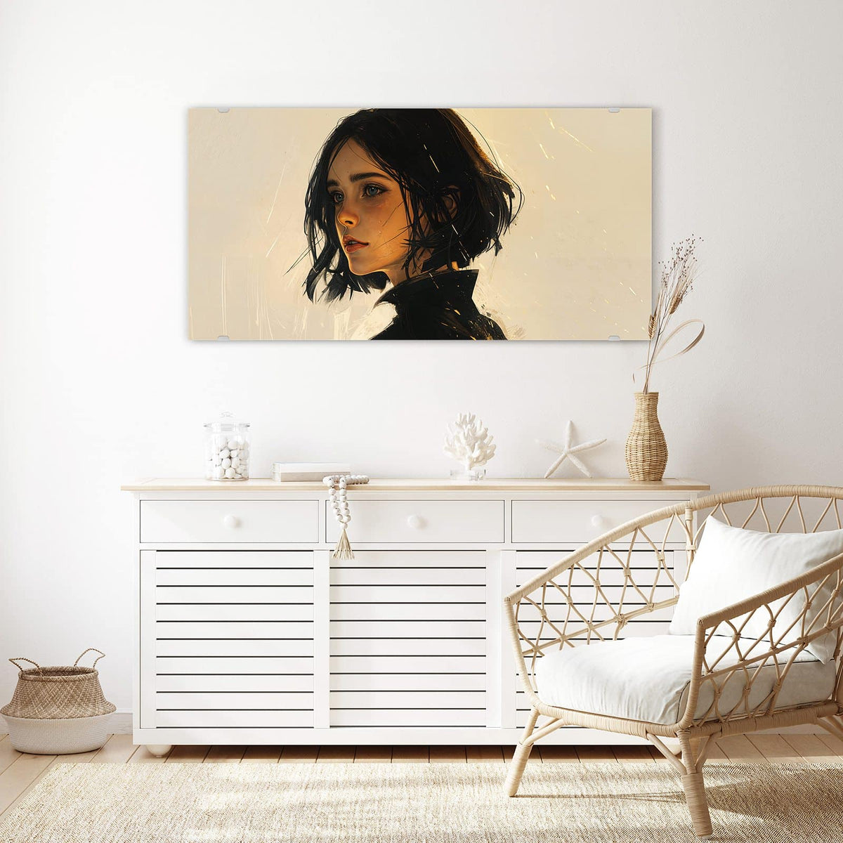 Echtglas, 4 mm – kein Acryl, keine Folie – Wandbild - Frau mit dunklem Bob - Querformat