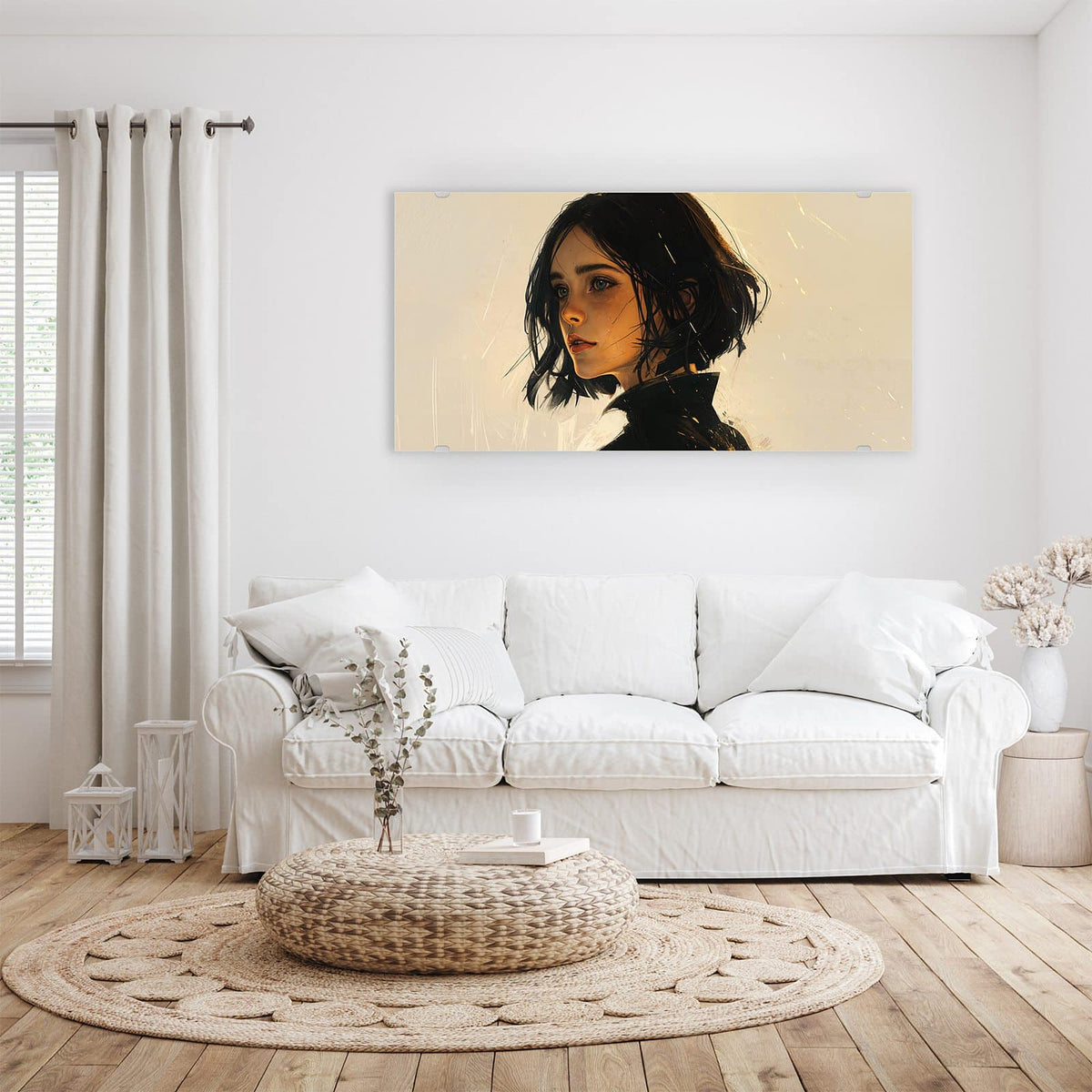 Wandbild - Frau mit dunklem Bob - Querformat – Junge Frau mit dunklem Kurzhaar