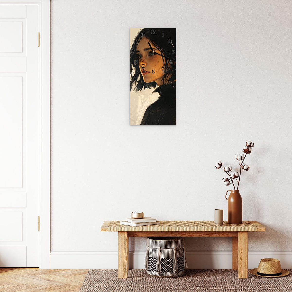 Moderne Wanduhr aus Glas mit Farbtiefe – Wanduhr Porträt junge Frau aus Glas – Hochformat 30 × 60 cm