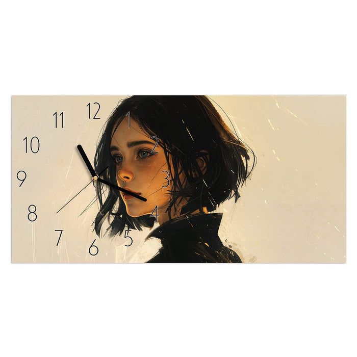 Wanduhr Porträt junge Frau aus Glas – Querformat 60 × 30 cm mit Ziffernblatt Elegant