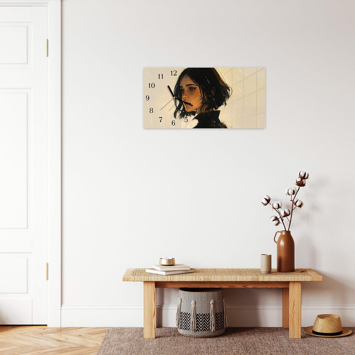 Moderne Wanduhr aus Glas mit Farbtiefe – Wanduhr Porträt junge Frau aus Glas – Querformat 60 × 30 cm