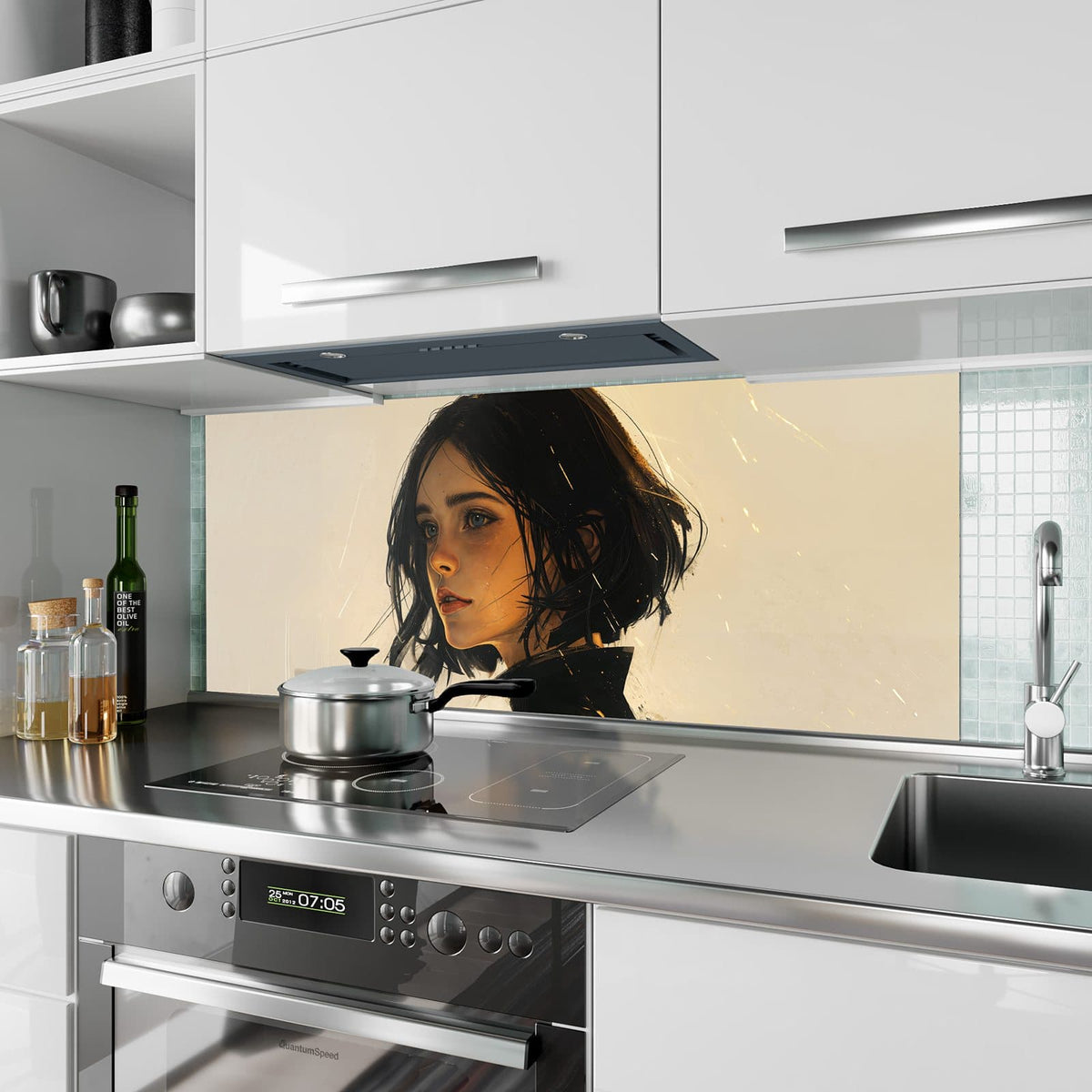 Küchenrückwand aus Glas Frau mit dunklem Bob im Hochformat als Spritzschutz hinter dem Kochfeld, über dem Fliesenspiegel montiert