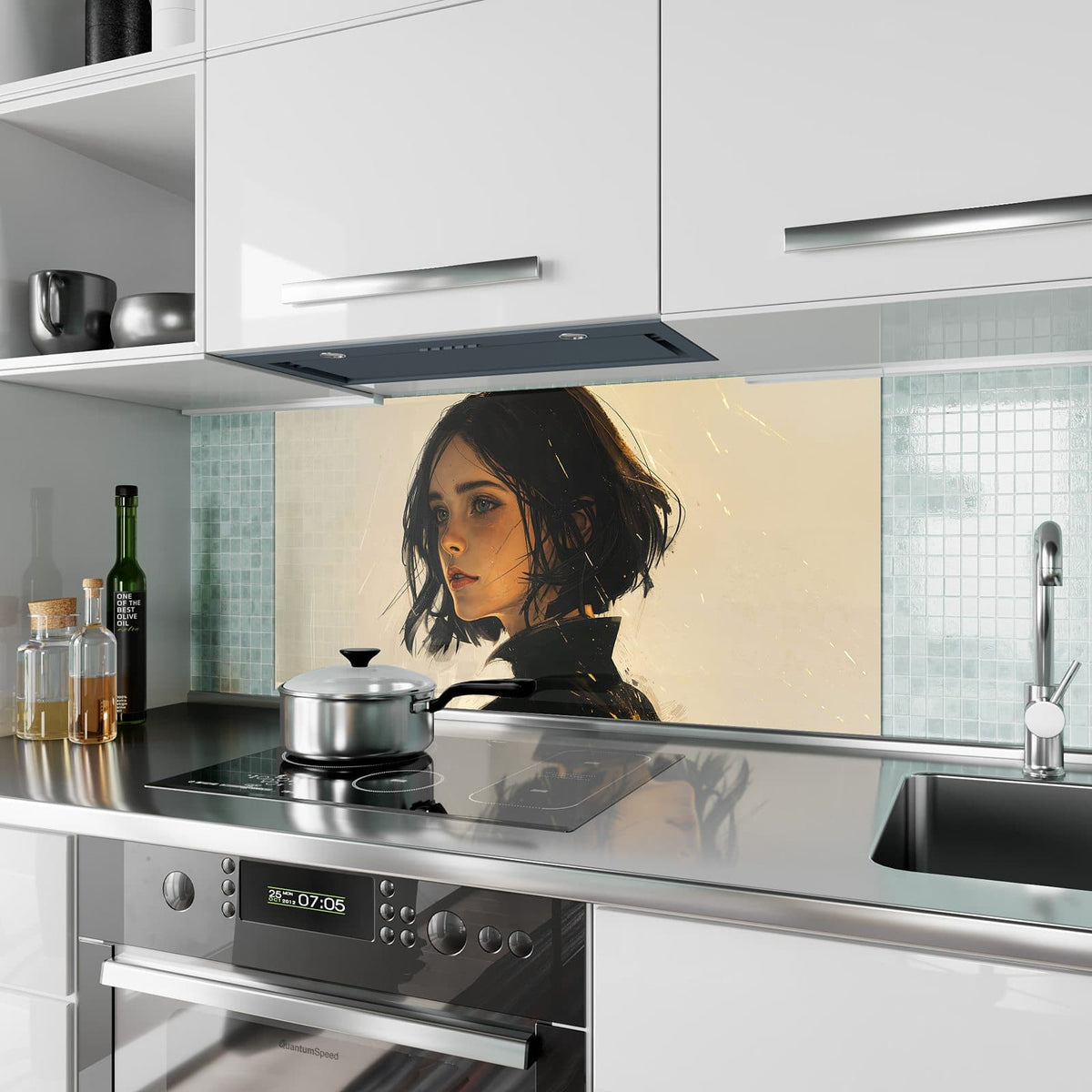 Küchenrückwand aus Glas Frau mit dunklem Bob im Hochformat als Spritzschutz hinter dem Kochfeld, über dem Fliesenspiegel montiert
