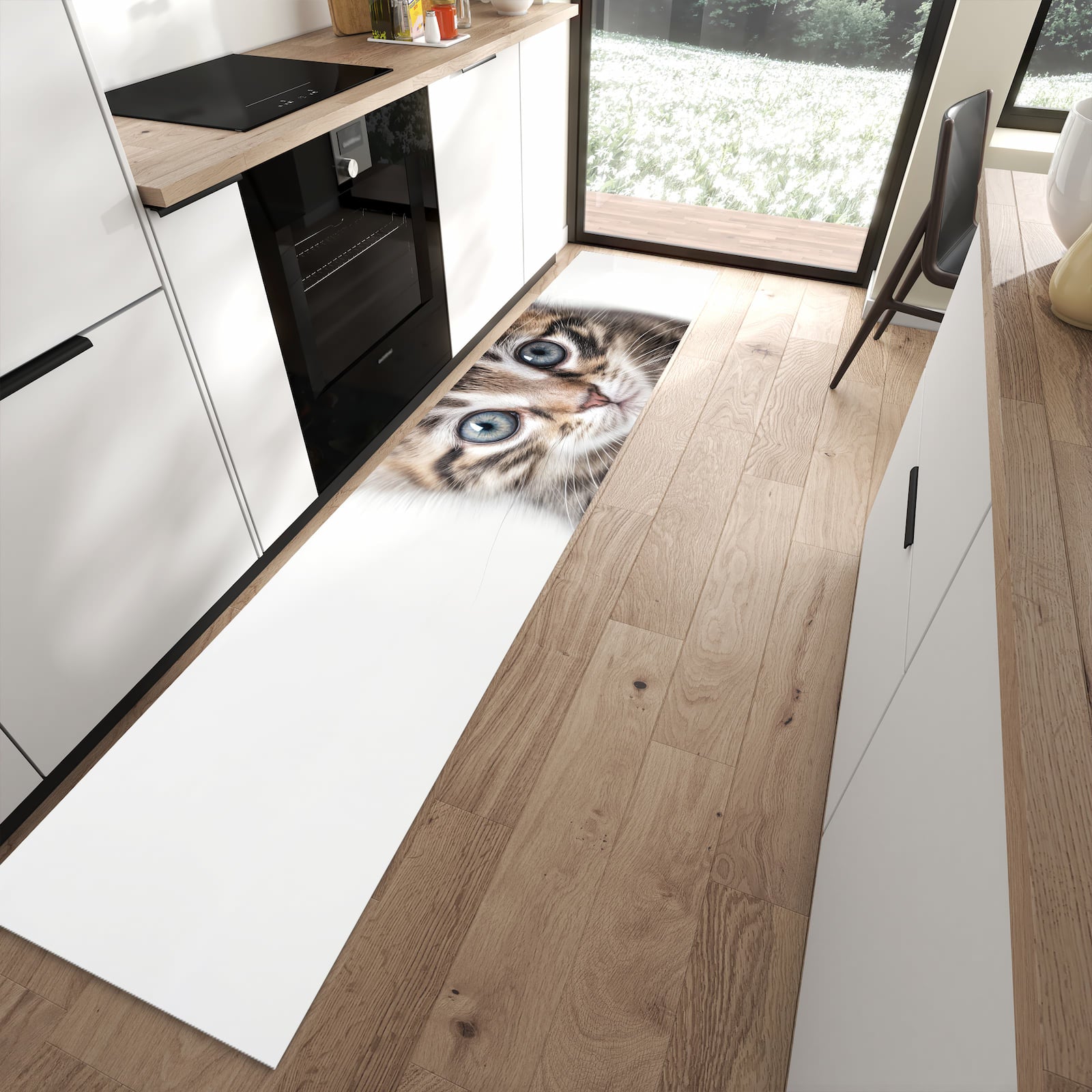 Rutschfester Küchenläufer mit Motiv Sanfte Katzenjunges in moderner Küche
