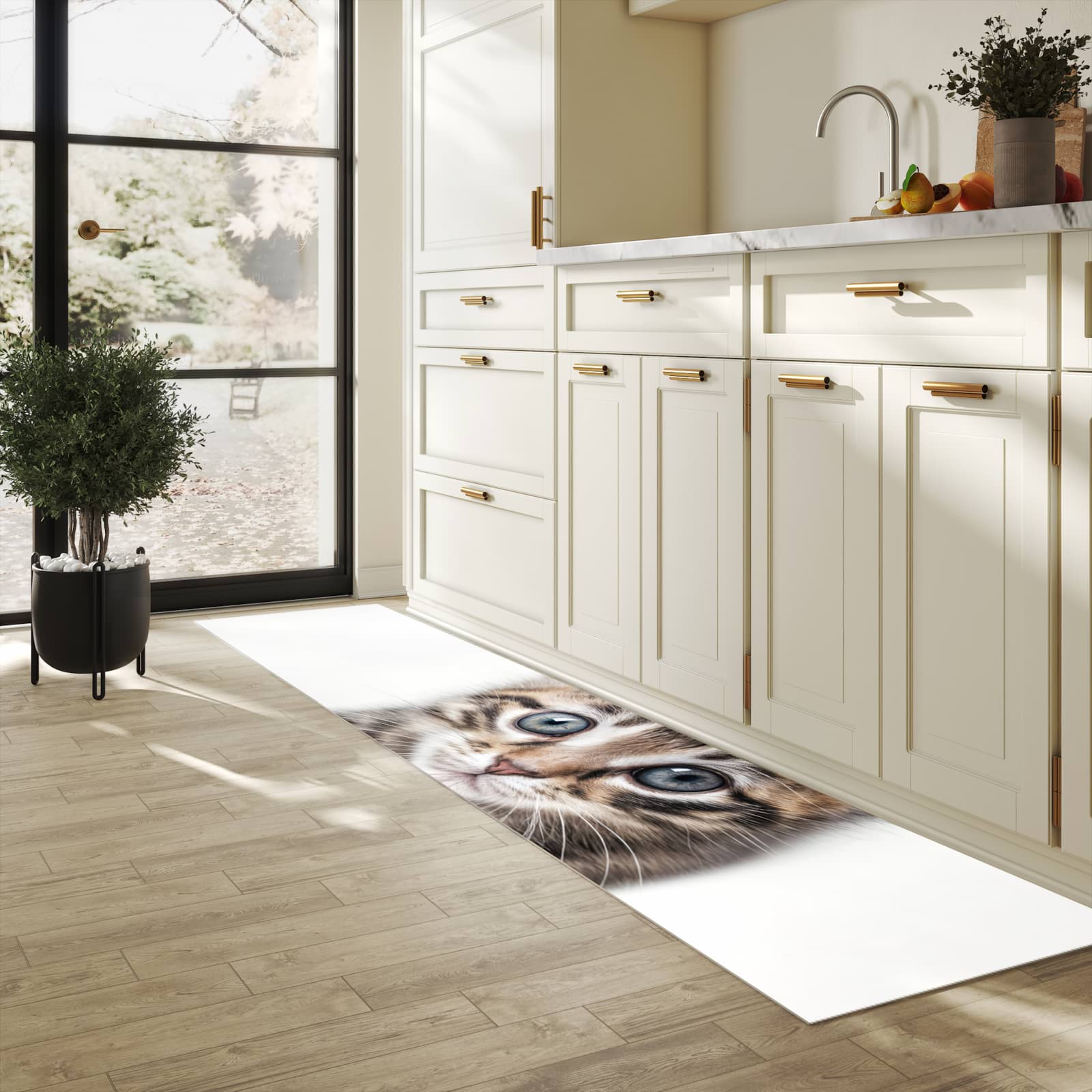 Abriebfester Küchenläufer mit Motiv Sanfte Katzenjunges in heller Küche
