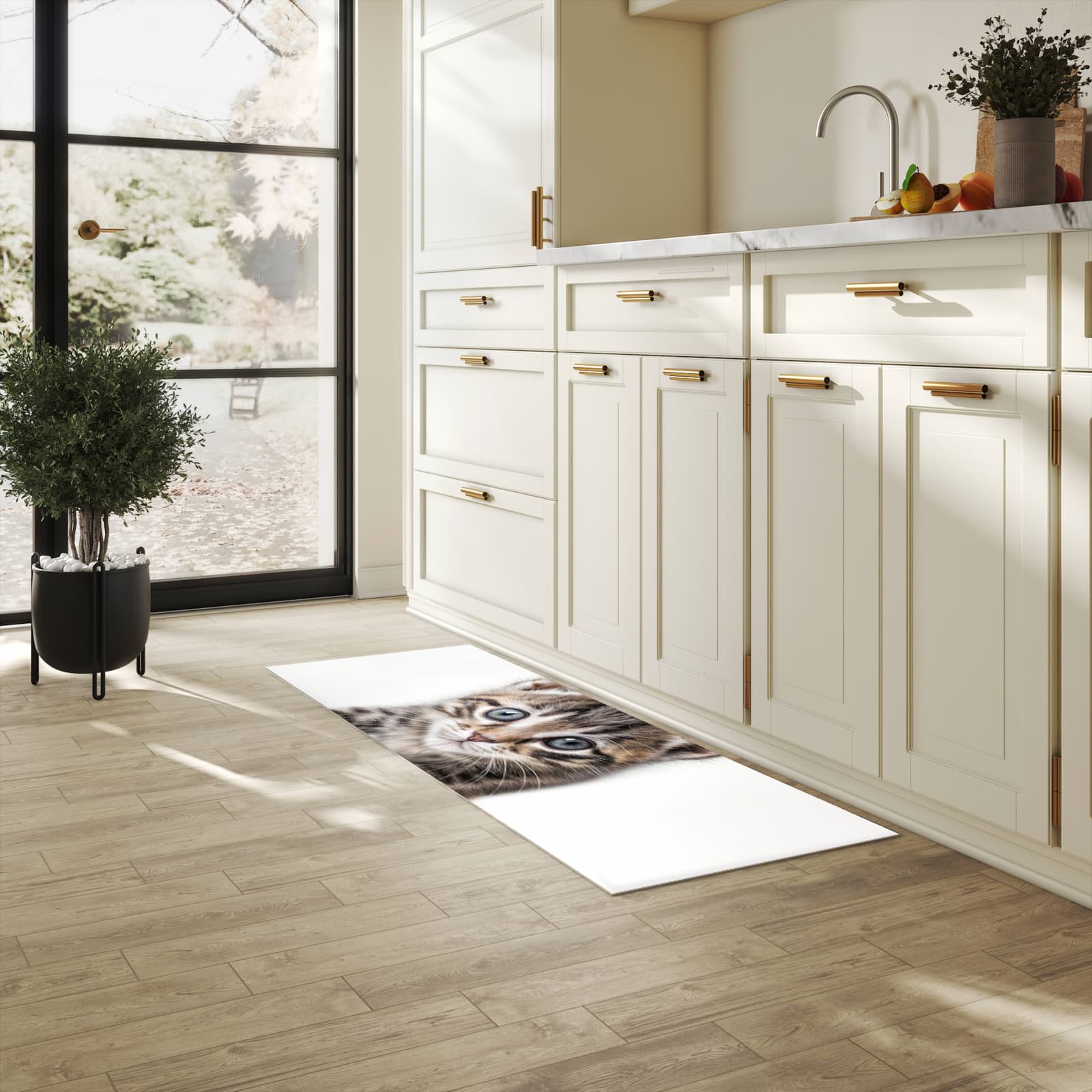 Küchenläufer mit Motiv Sanfte Katzenjunges in heller Küche für sichere Aufbewahrung