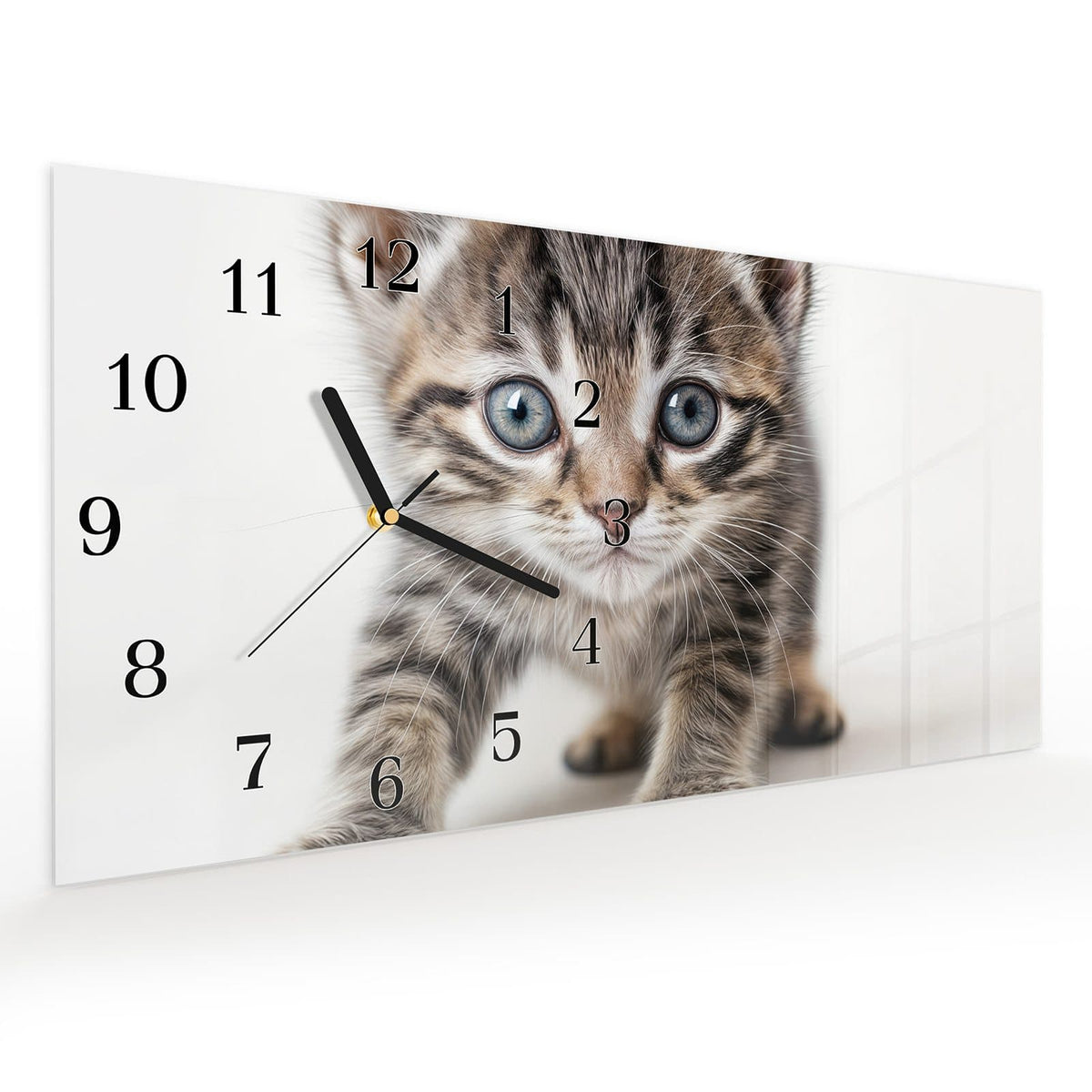 Vormontiert – mit Schwebeeffekt – Wanduhr Sanfte Katzenjunges aus Glas – Querformat 60 × 30 cm