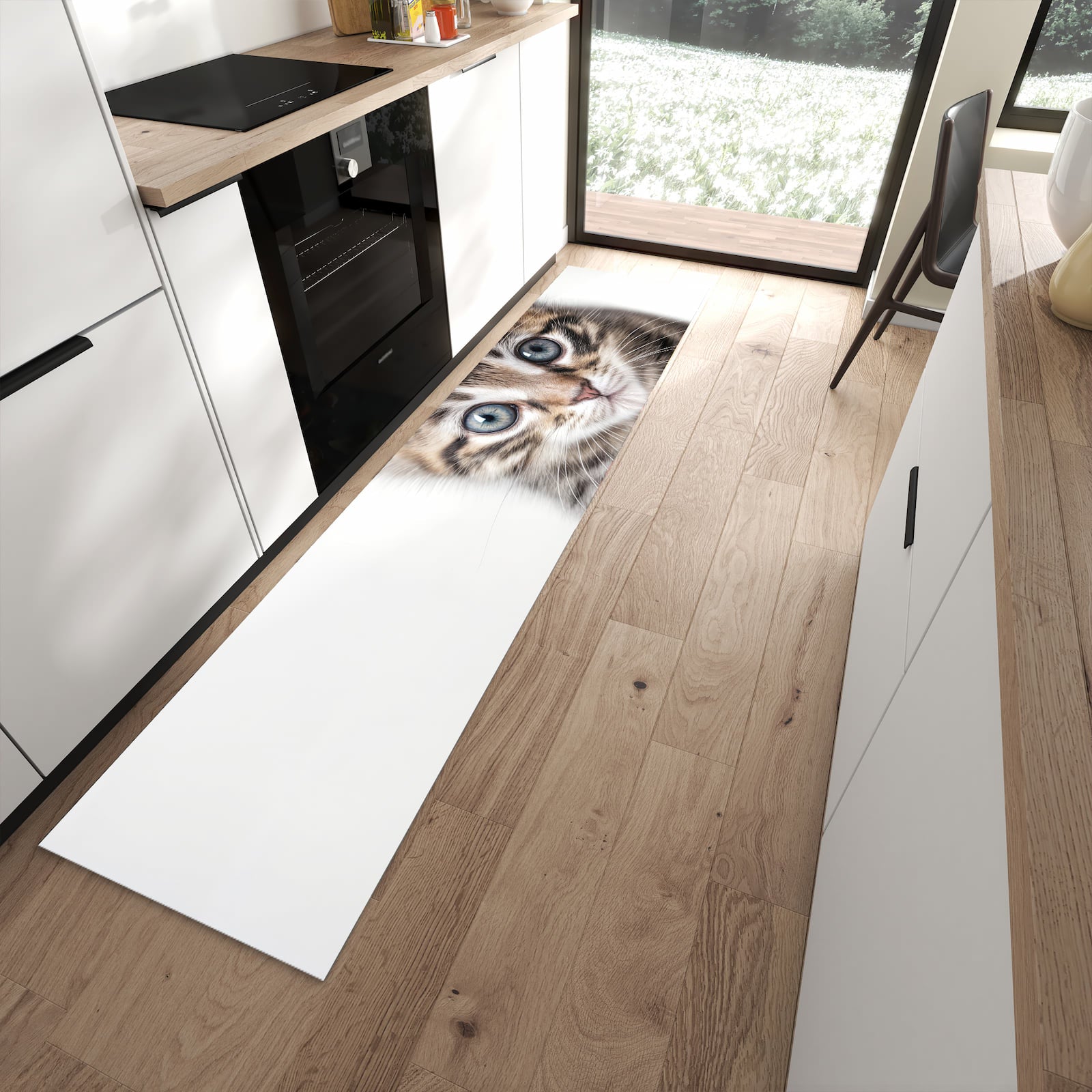 Langlebiger rutschfester Küchenläufer mit Motiv Sanfte Katzenjunges in moderner Küche