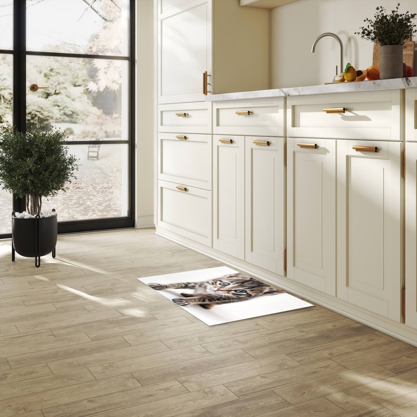 UV-beständiger Küchenvorleger mit Motiv Sanfte Katzenjunges in heller Küche