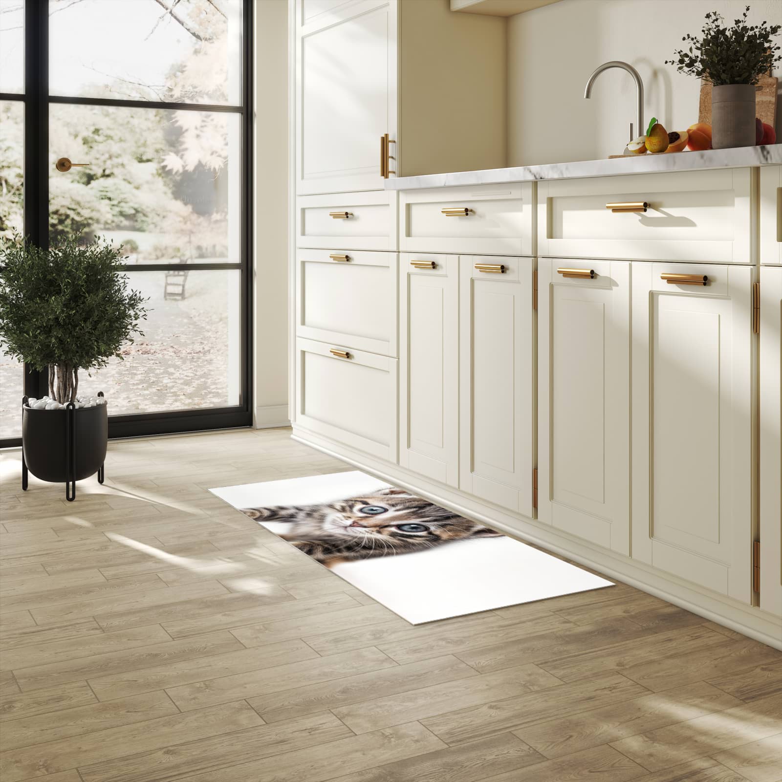 Formstabiler Küchenteppich mit Motiv Sanfte Katzenjunges in heller Küche