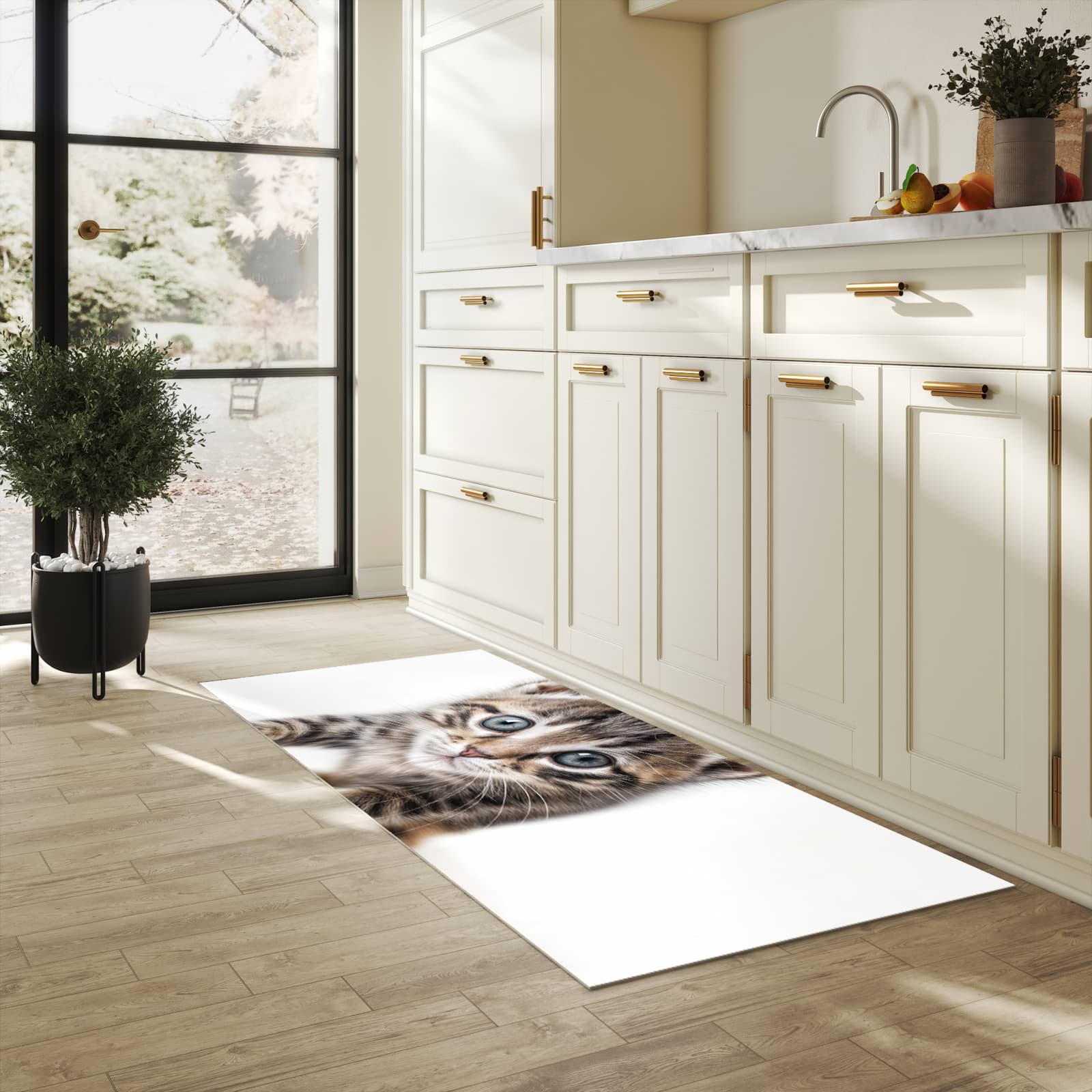Waschbarer Küchenteppich mit Motiv Sanfte Katzenjunges für Trittkomfort in heller Küche