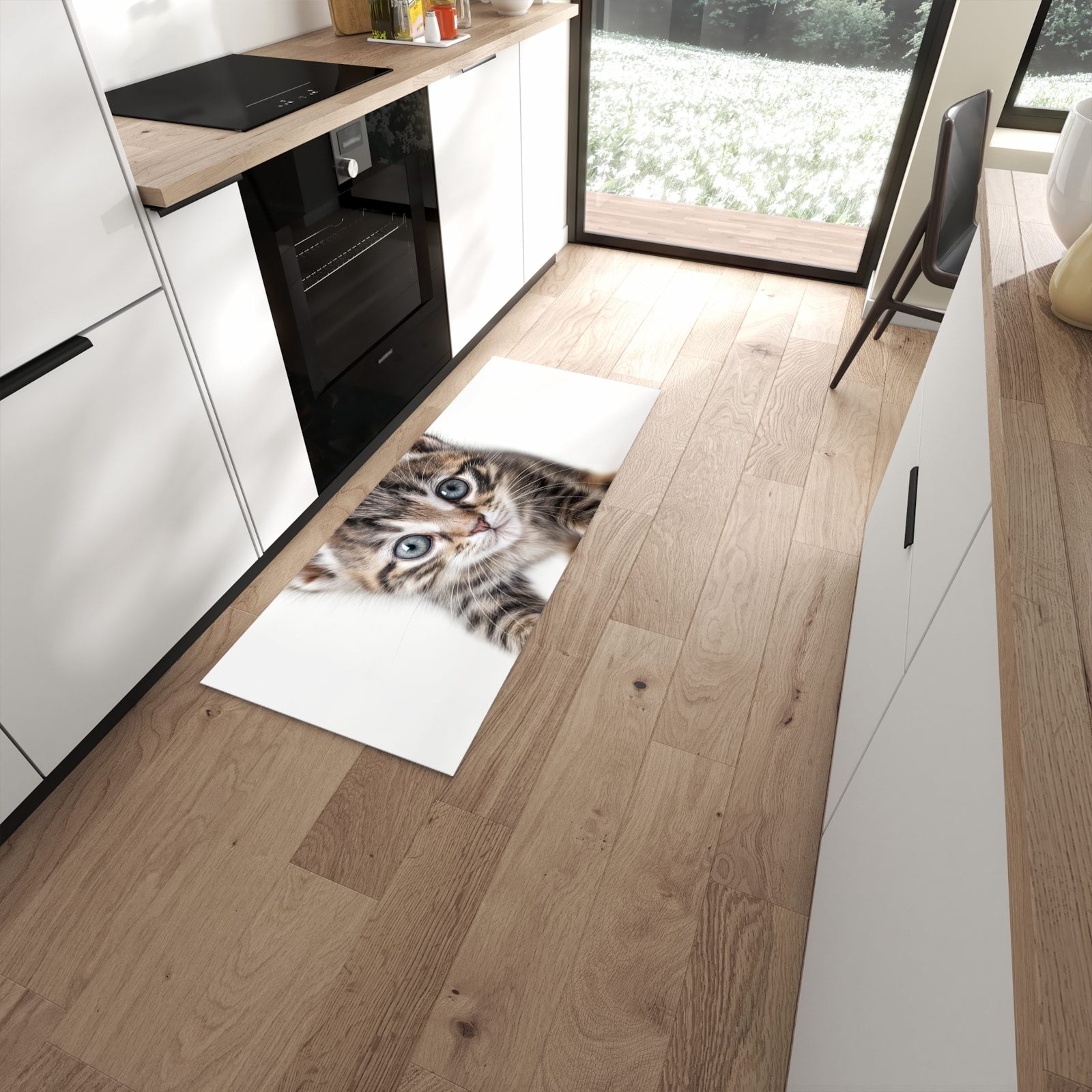 Hygienischer Küchenläufer mit Motiv Sanfte Katzenjunges in moderner Küche #grösse_60 x 150 cm