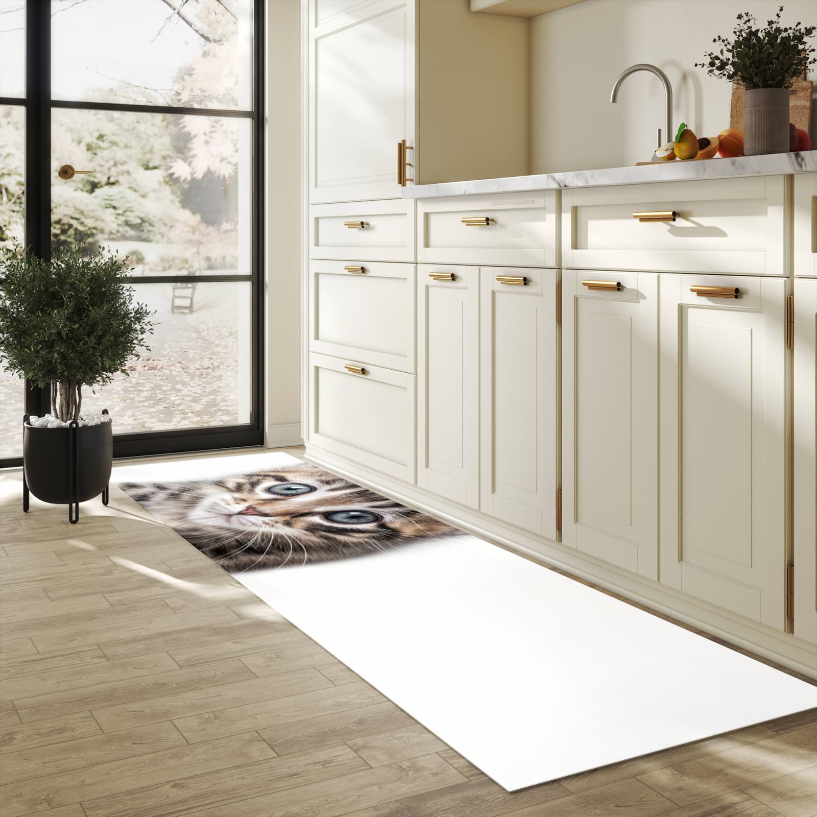 Schmutzabweisender Teppichläufer mit Motiv Sanfte Katzenjunges in heller Küche