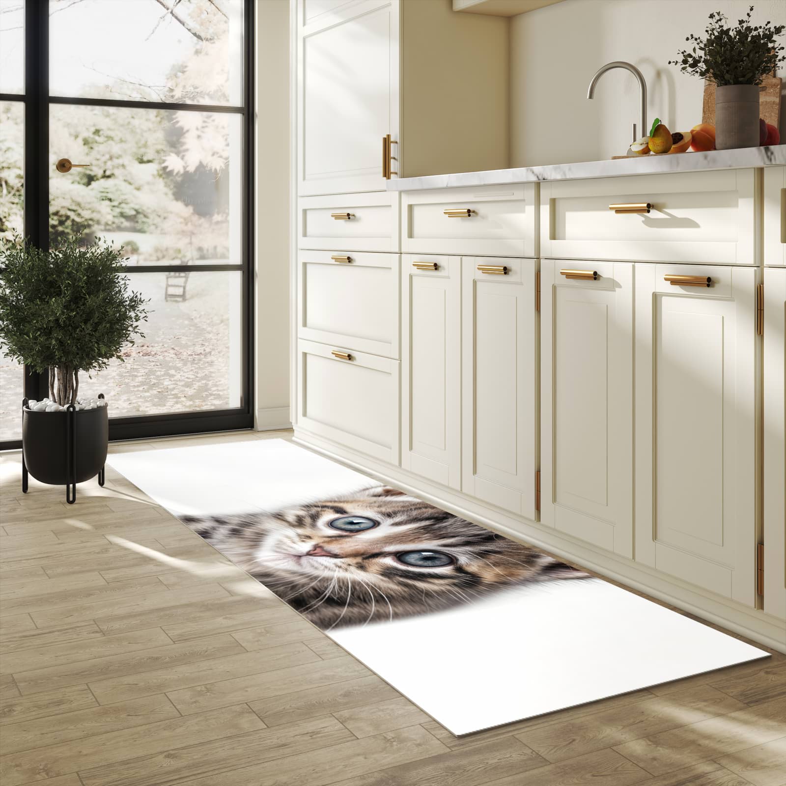 Fleckenresistenter Küchenläufer mit Motiv Sanfte Katzenjunges in heller Küche