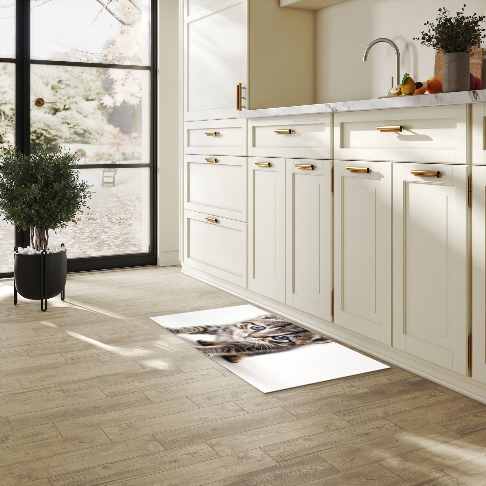 Farbbeständiger Küchenteppich mit Motiv Sanfte Katzenjunges in heller Küche