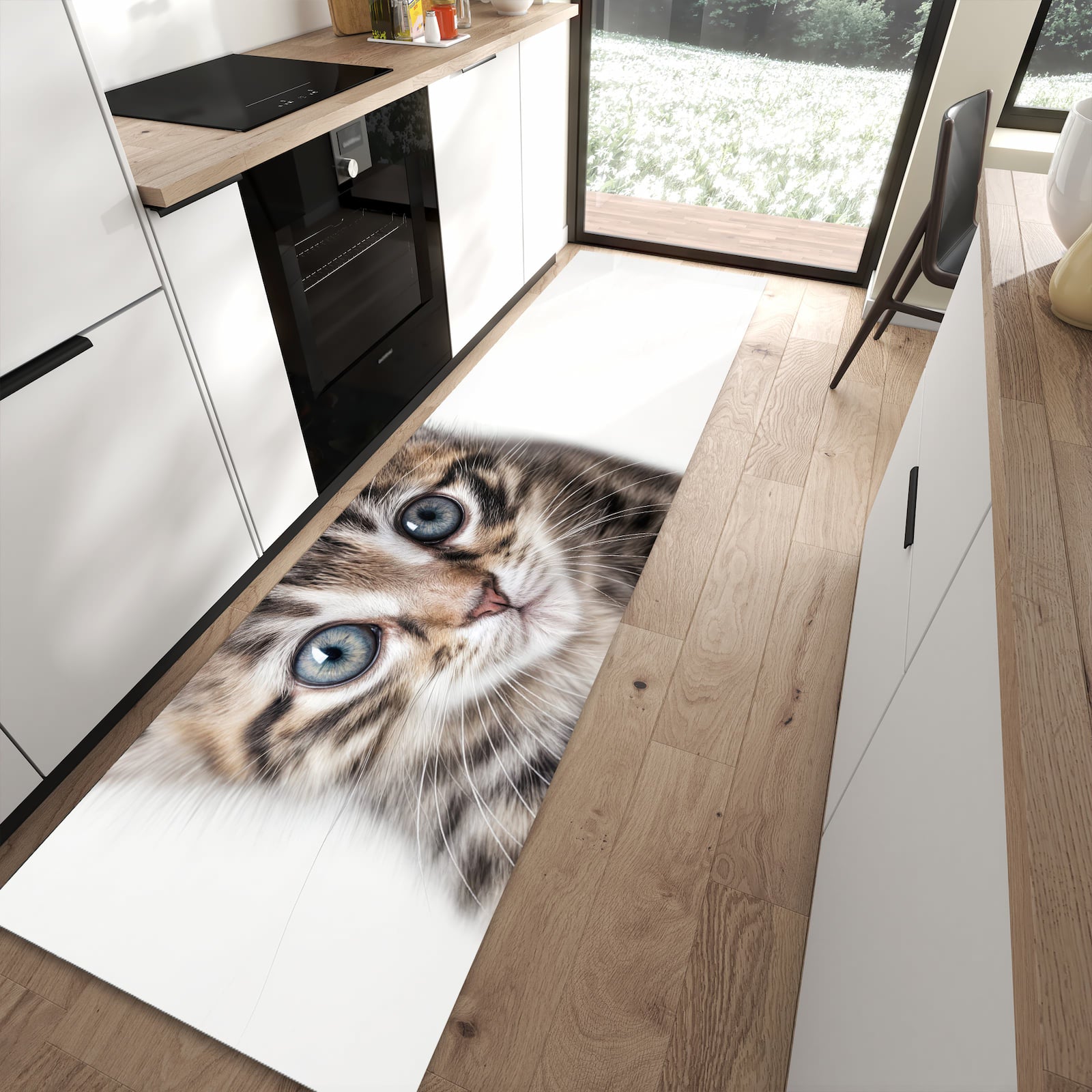 Farbbeständiger Küchenläufer mit Motiv Sanfte Katzenjunges in moderner Küche zum Waschen