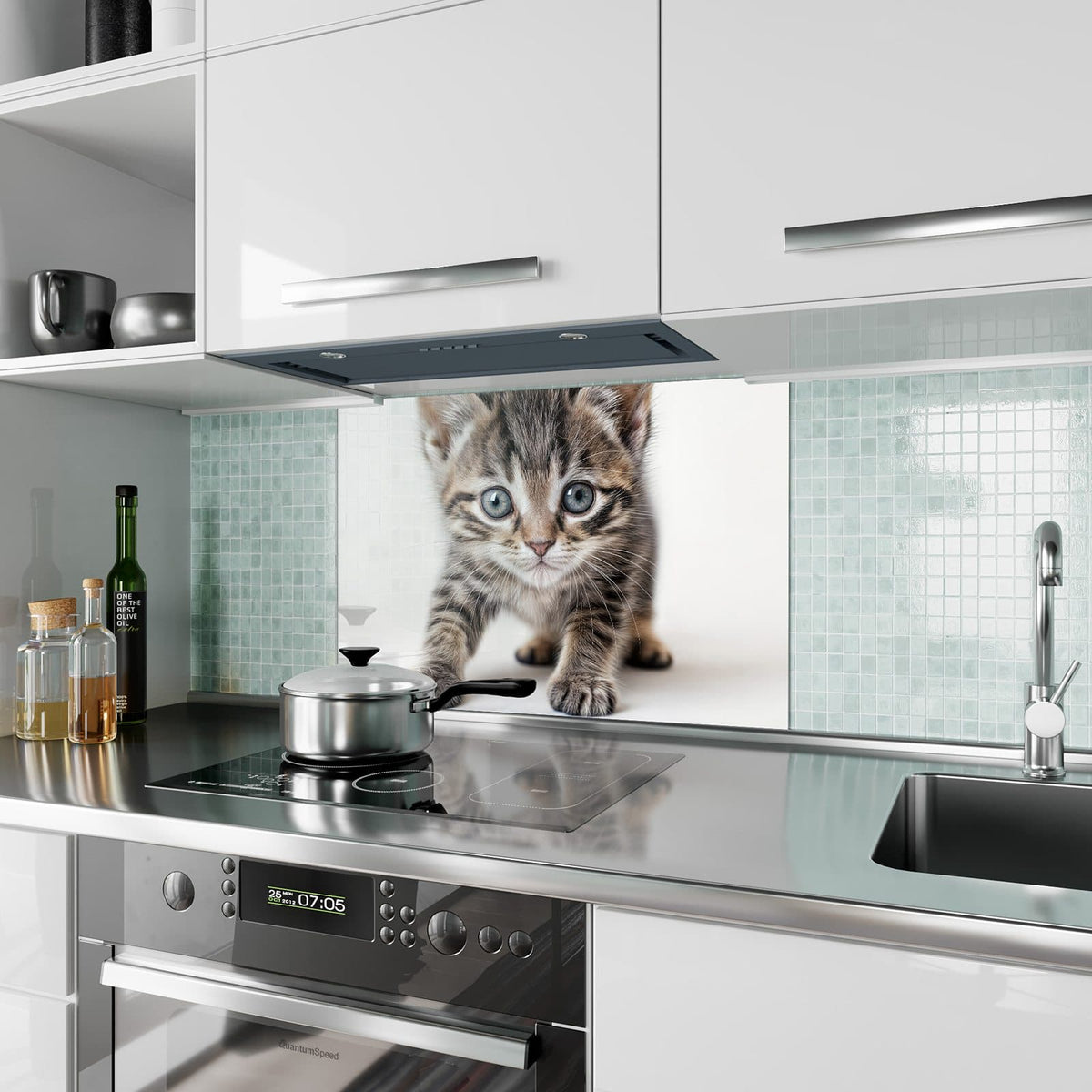 Küchenrückwand aus Glas Kätzchen auf Weiß im Hochformat als Spritzschutz hinter dem Kochfeld, über dem Fliesenspiegel montiert