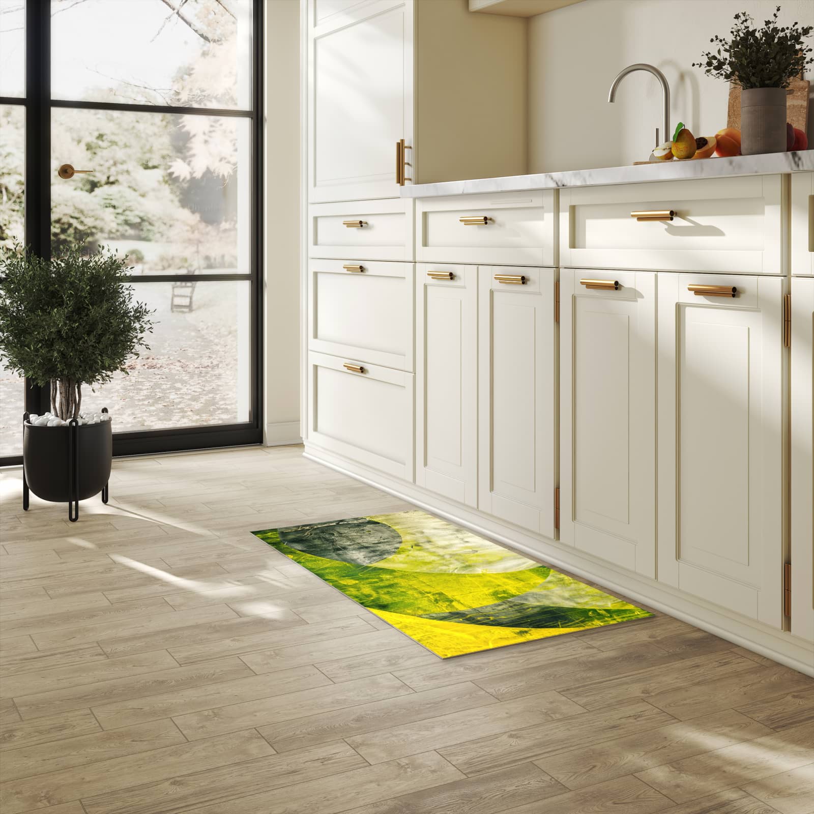 Komfortabler rutschfester Küchenläufer mit Motiv Abstraktkunst in heller Küche