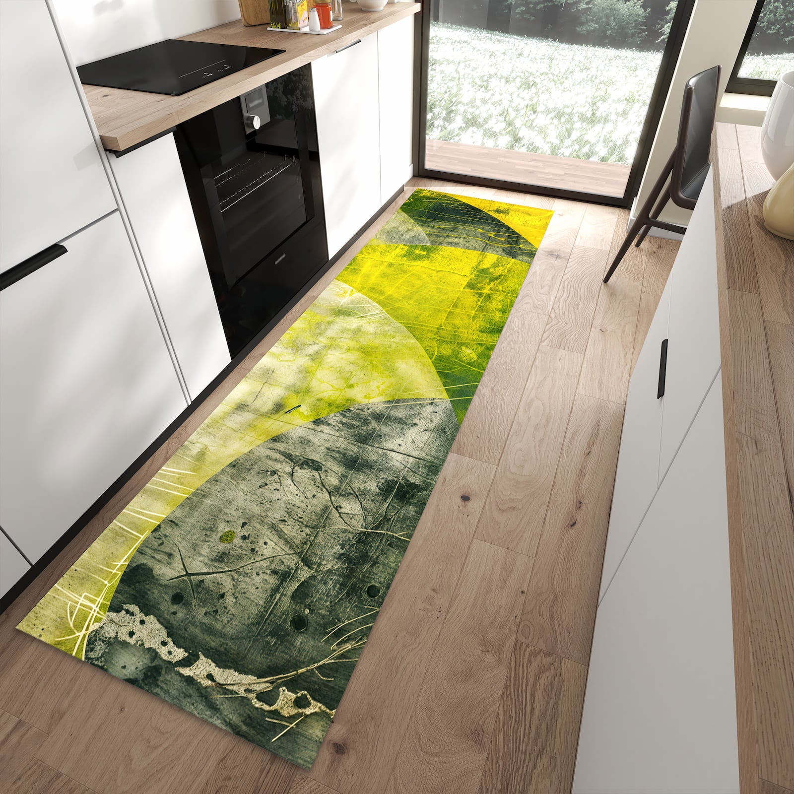 Pflegeleichter waschbarer Küchenteppich mit Motiv Abstraktkunst in moderner Küche