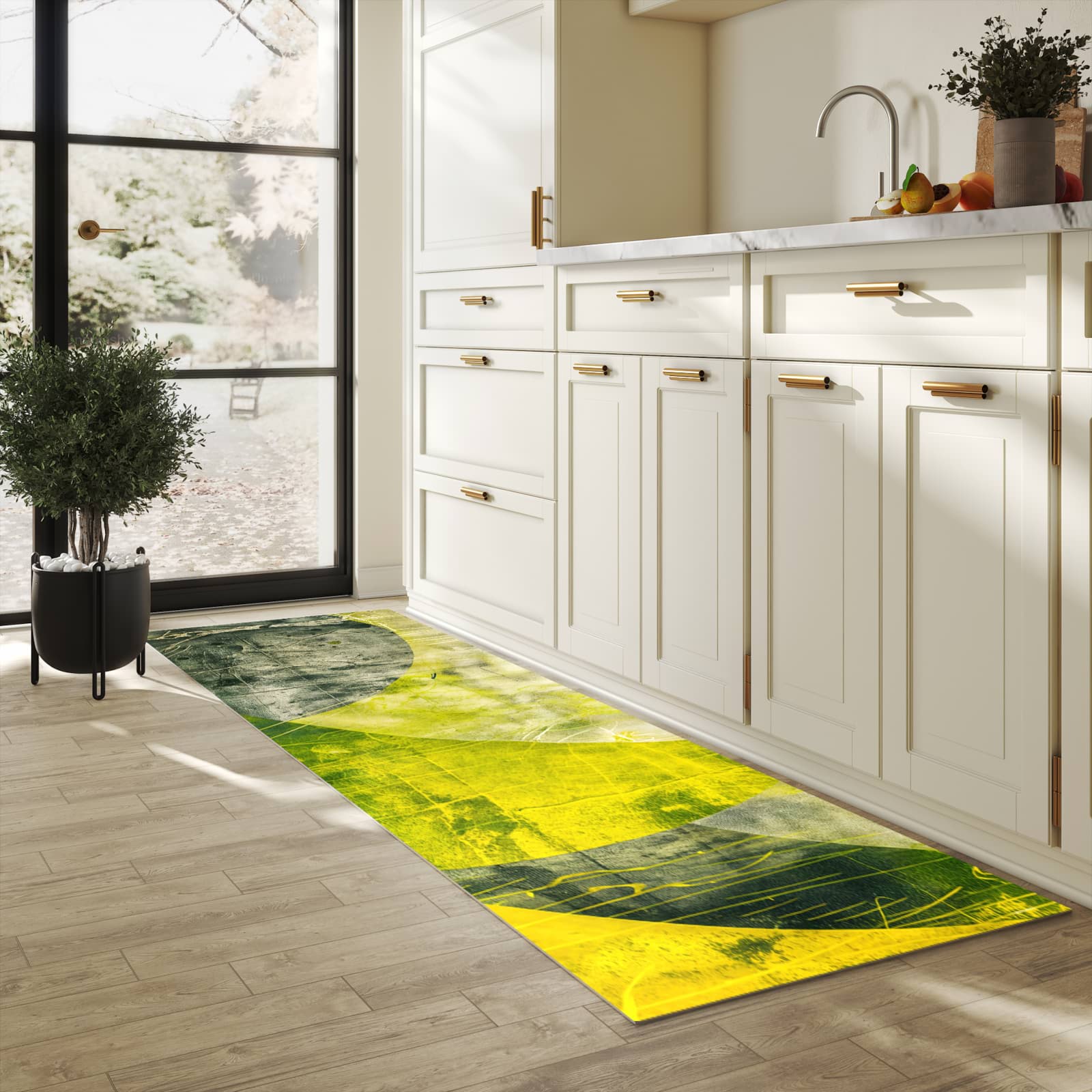 Feuchtigkeitsresistenter Teppich für Küche mit Motiv Abstraktkunst in heller Küche