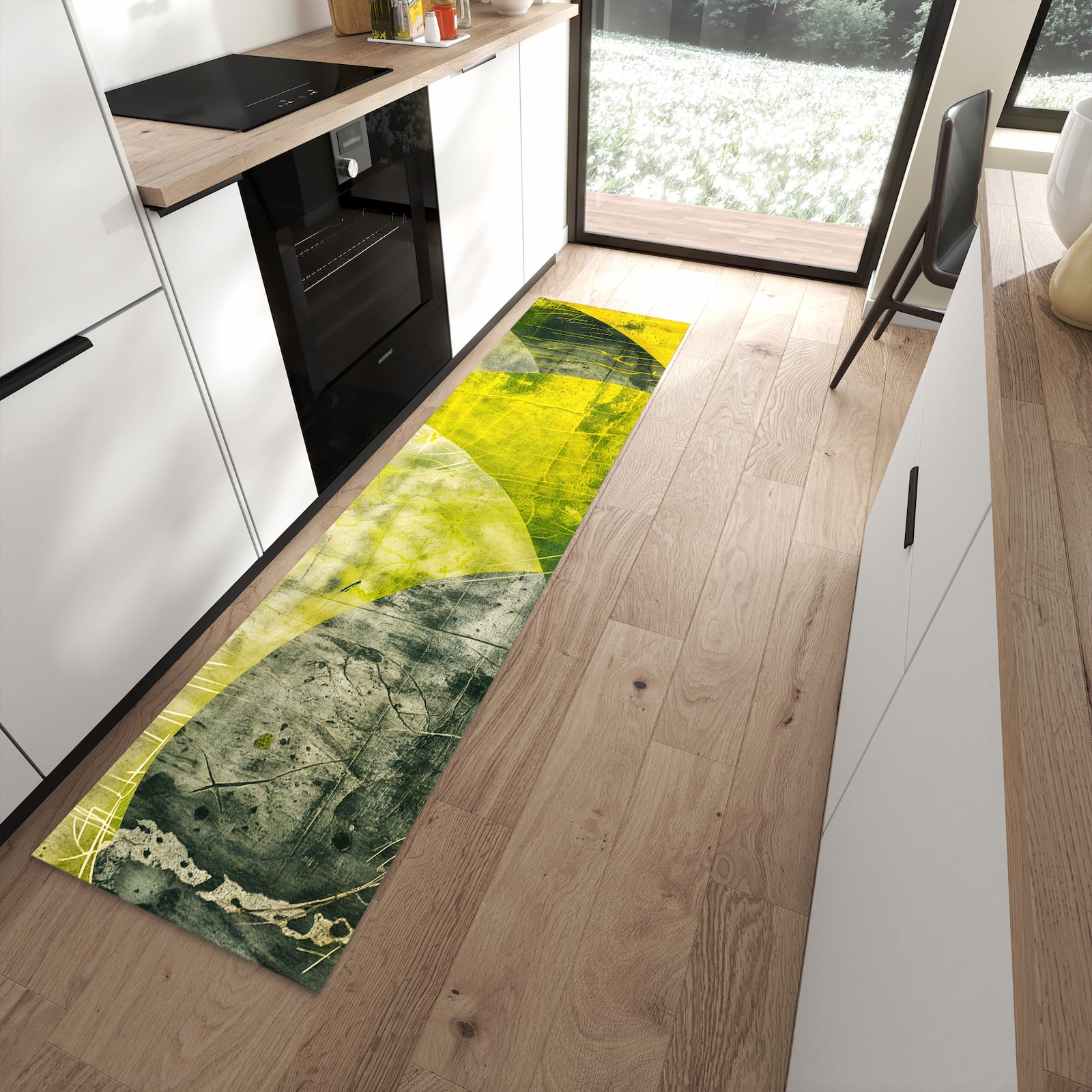 Wasserabweisender Küchenteppich mit Motiv Abstraktkunst in moderner Küche