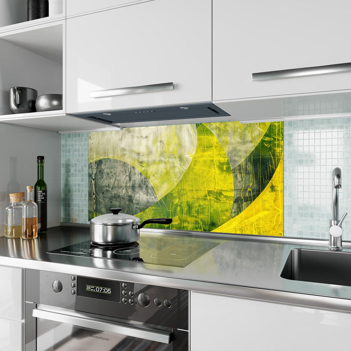 Küchenrückwand aus Glas Gelbgrüne Formen im Hochformat als Spritzschutz hinter dem Kochfeld, über dem Fliesenspiegel montiert