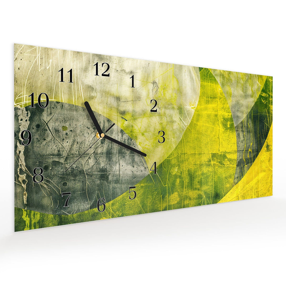 Vormontiert – mit Schwebeeffekt – Wanduhr Abstraktkunst aus Glas – Querformat 60 × 30 cm