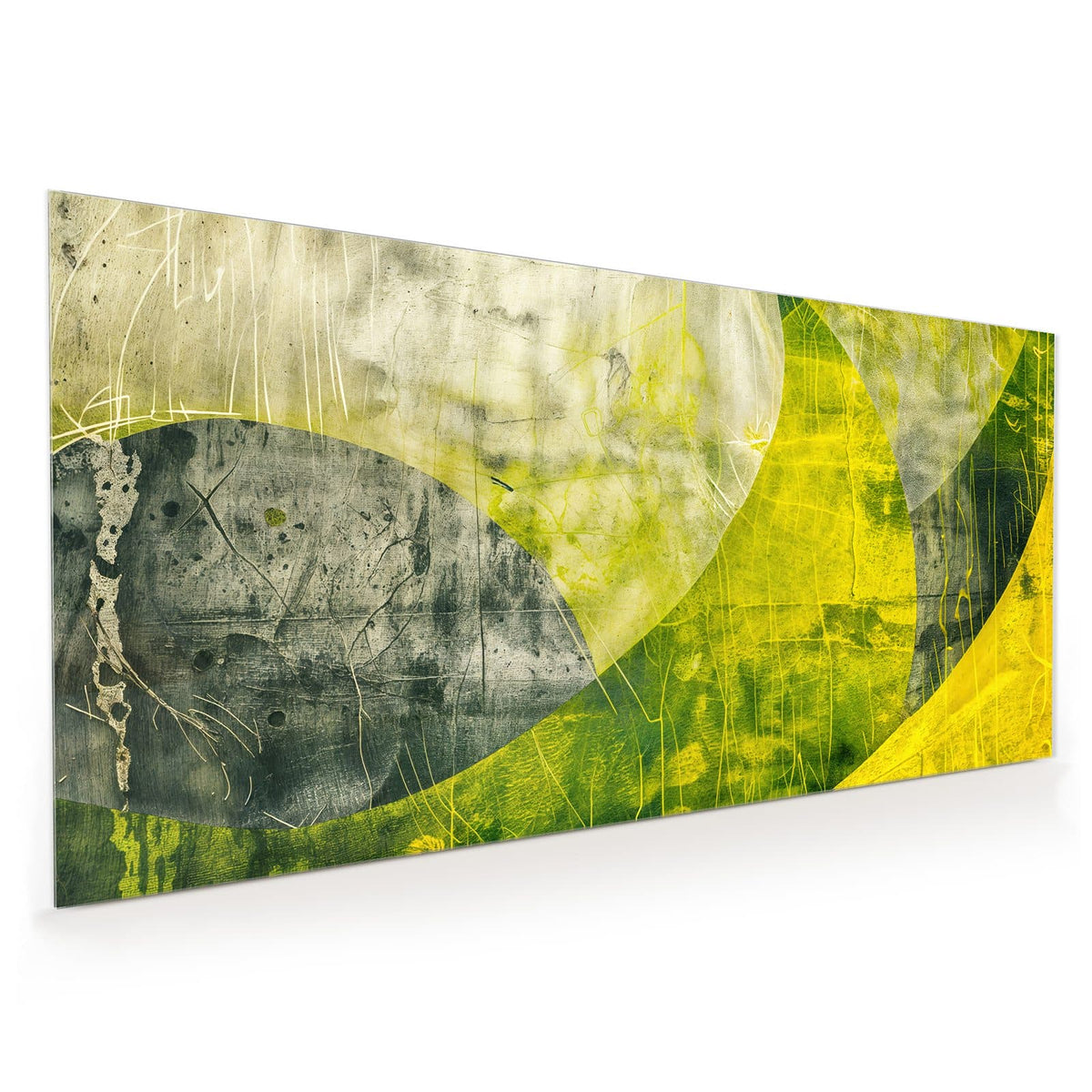 Küchenrückwand aus Glas im Hochformat mit Motiv Gelbgrüne Formen: Große geschwungene Flächen in Limettengelb, Grün und Betongrau mit Kratzspuren