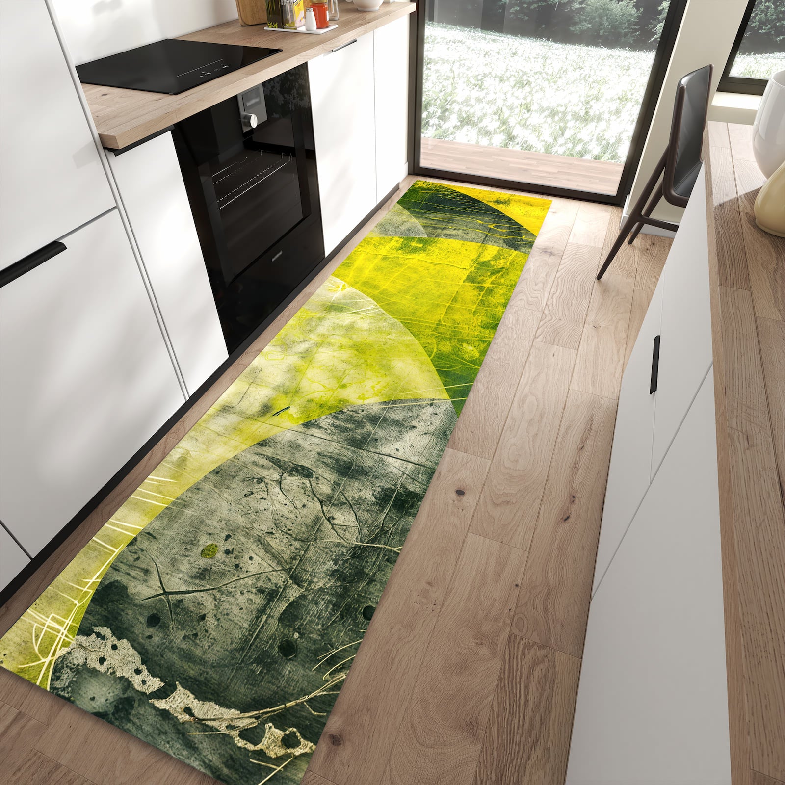 Komfortabler großer Küchenteppich mit Motiv Abstraktkunst in moderner Küche