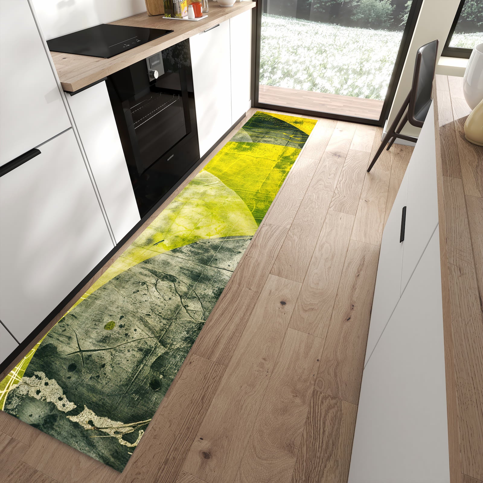 Schmutzabweisender Küchenteppich mit Motiv Abstraktkunst in moderner Küche