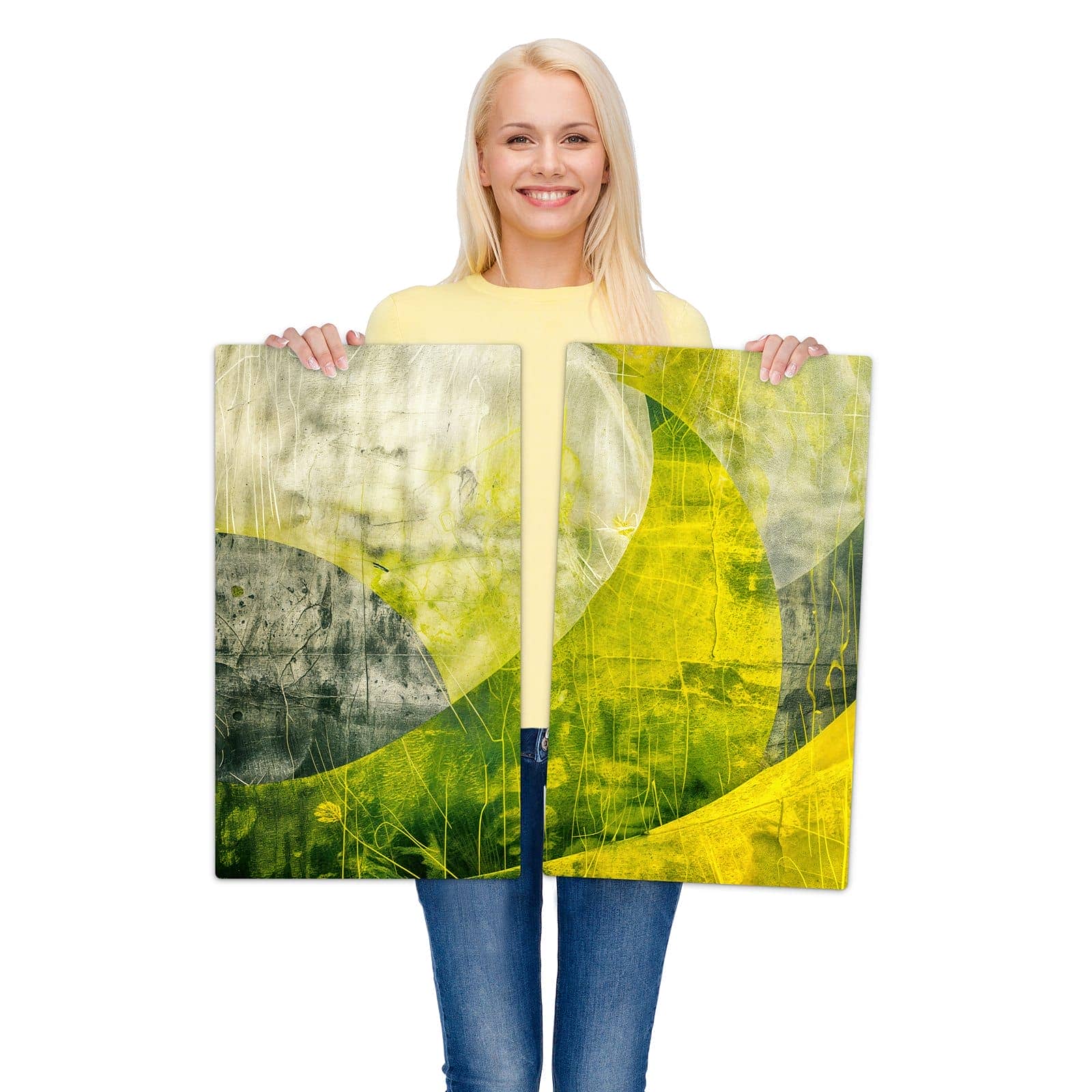 2-teilige Herdabdeckplatte aus Glas mit Abstraktkunst-Motiv wird zur Größendarstellung gehalten