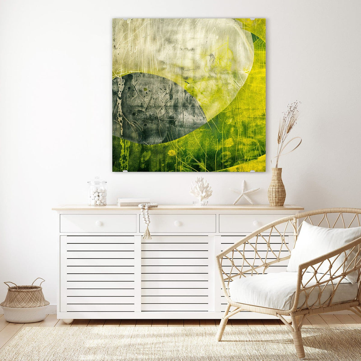 Echtglas, 4 mm – kein Acryl, keine Folie – Wandbild - Gelbgrüne Formen - Quadratisch