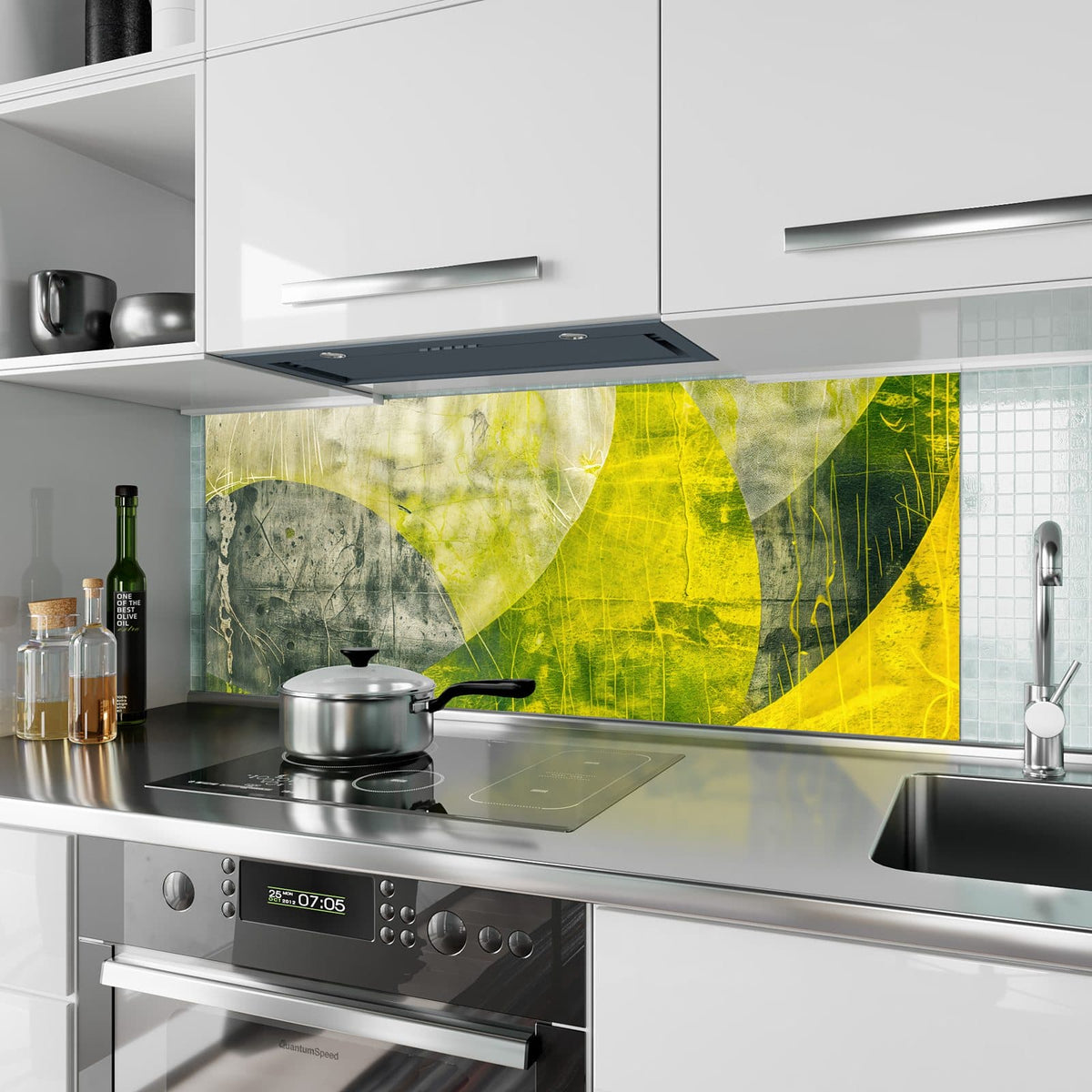 Küchenrückwand aus Glas Gelbgrüne Formen im Hochformat als Spritzschutz hinter dem Kochfeld, über dem Fliesenspiegel montiert