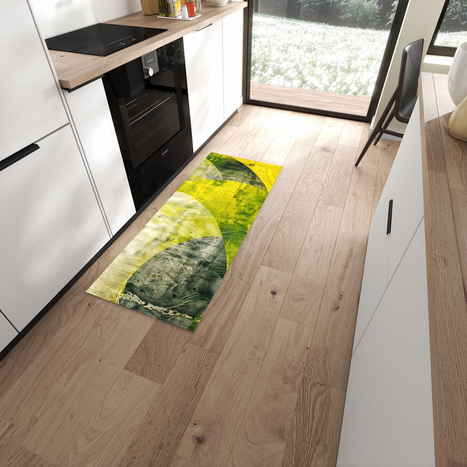 UV-beständiger Bodenläufer mit Motiv Abstraktkunst in moderner Küche #grösse_60 x 150 cm