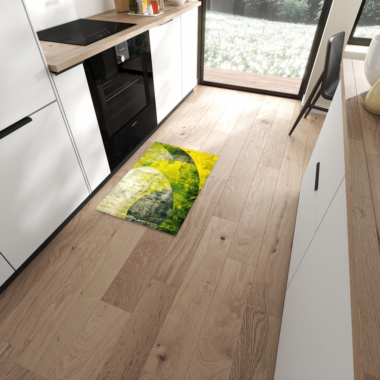 Geruchsneutraler rutschfester Küchenteppich mit Motiv Abstraktkunst in moderner Küche