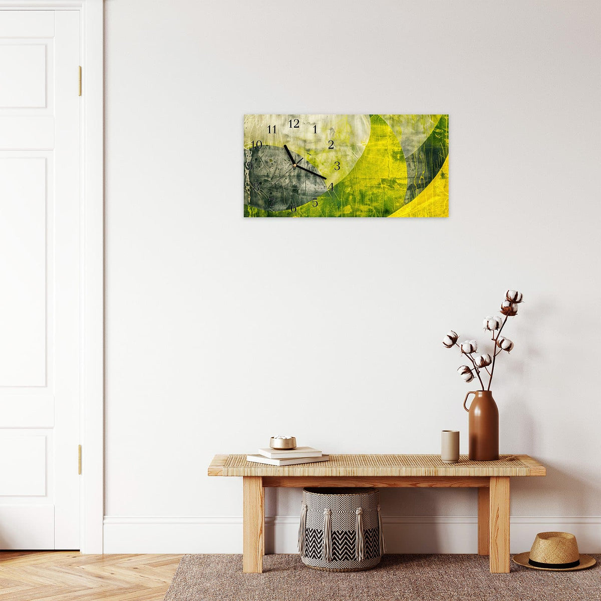 Moderne Wanduhr aus Glas mit Farbtiefe – Wanduhr Abstraktkunst aus Glas – Querformat 60 × 30 cm