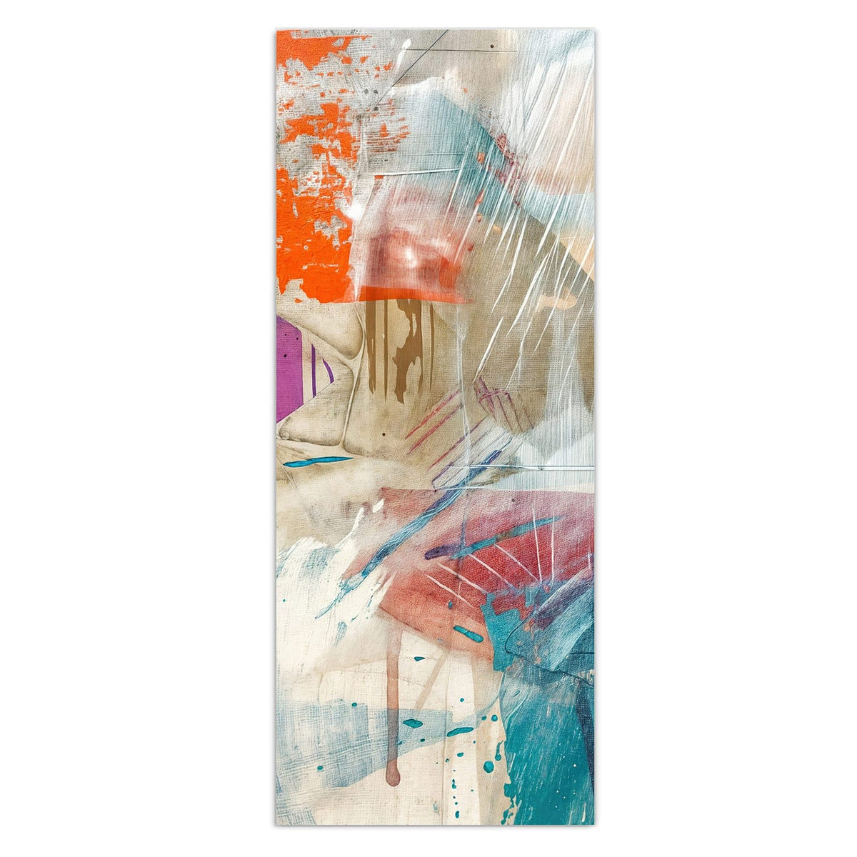Collage aus orangen, violetten und türkisen Farbfeldern auf hellem Putz