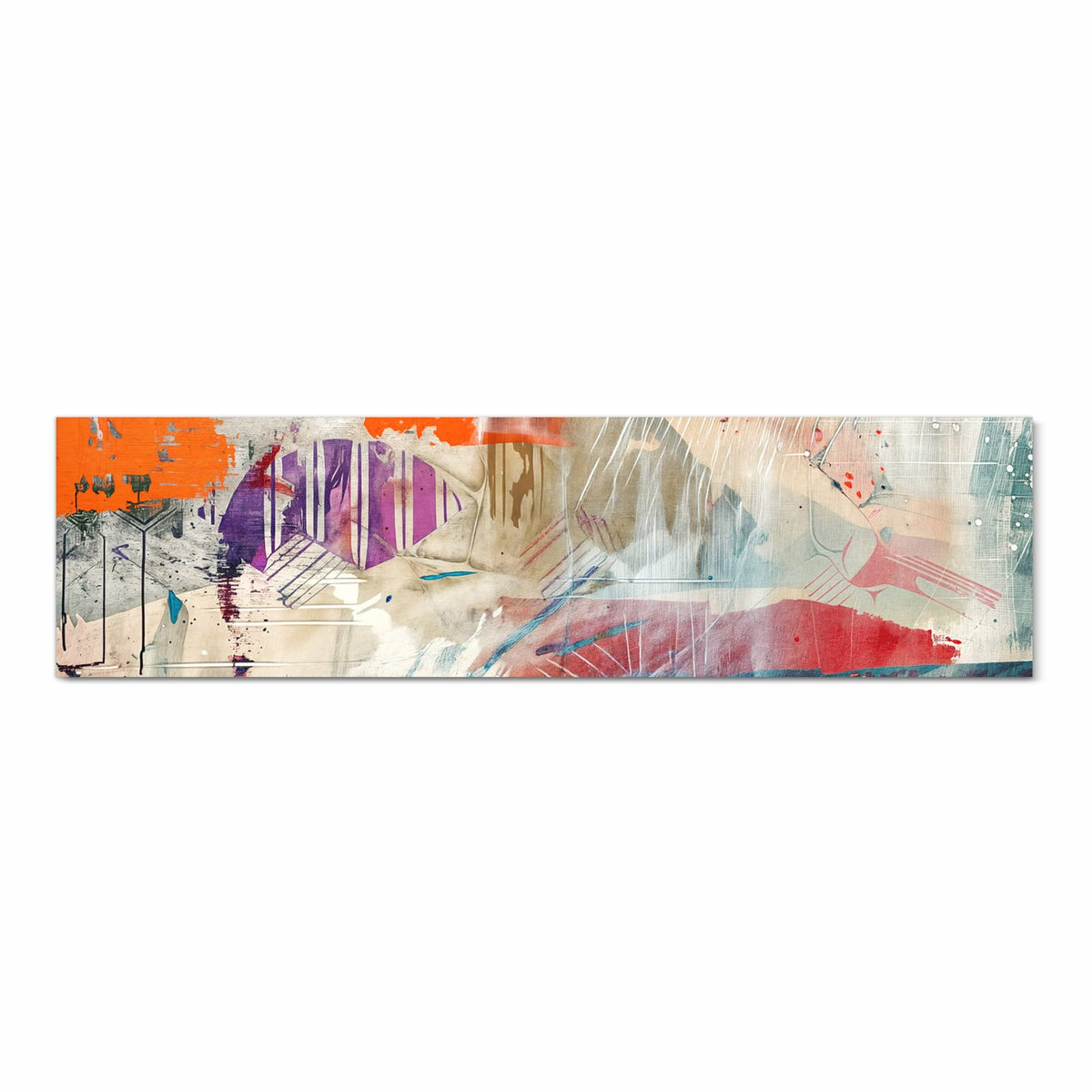 Collage aus orangen, violetten und türkisen Farbfeldern auf hellem Putz