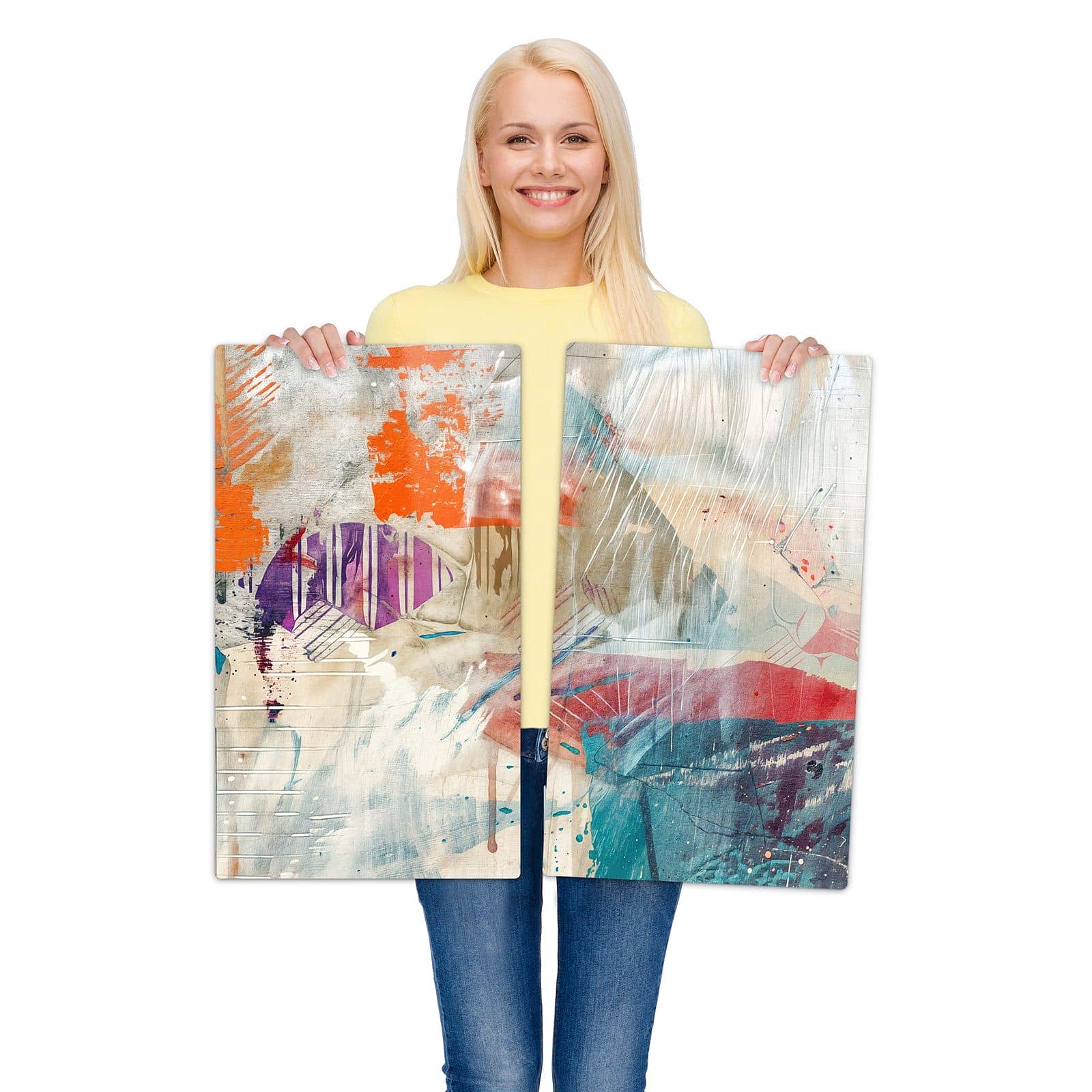 2-teilige Glasplatte für Herd mit Abstrakte Kunst-Motiv wird zur Größendarstellung gehalten