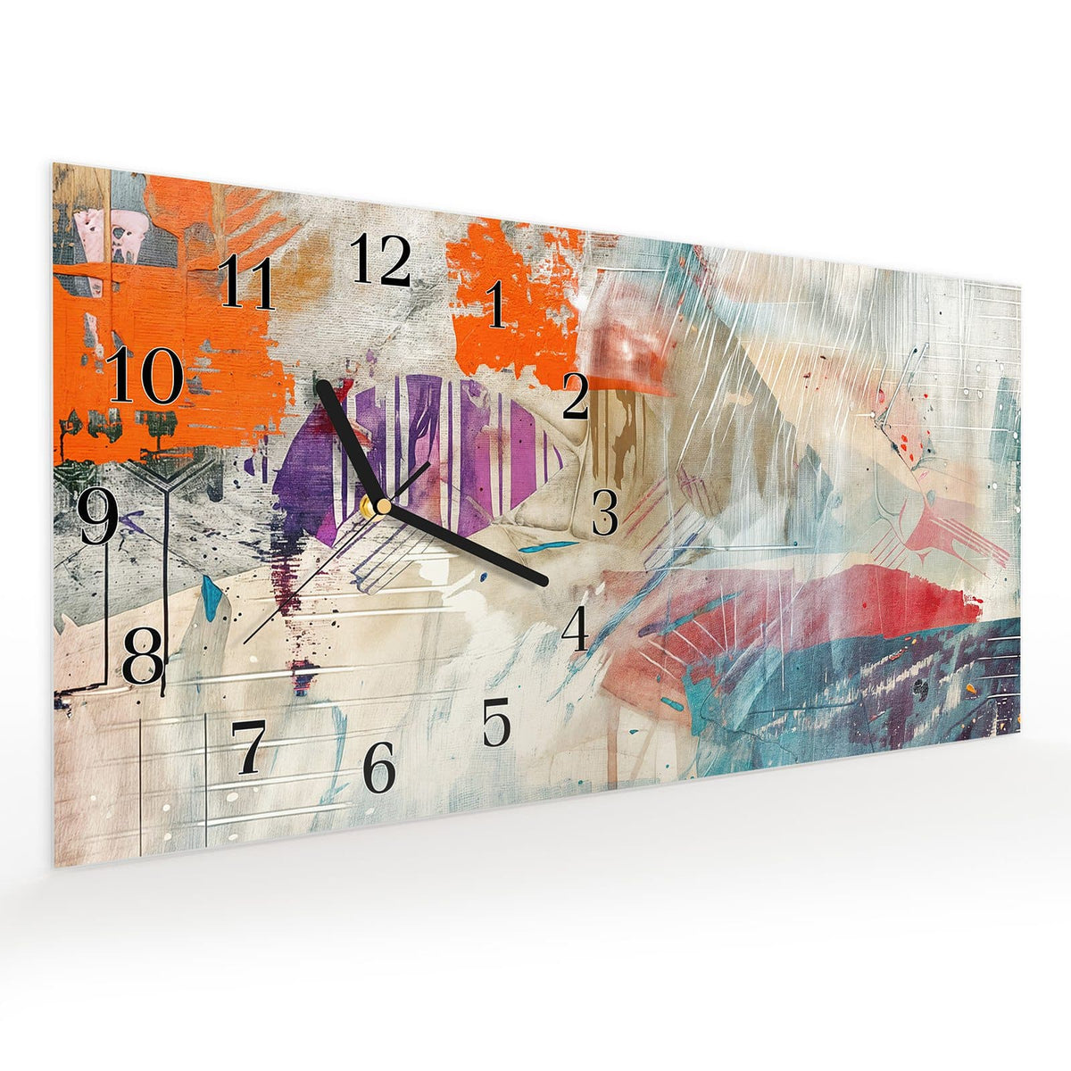 Vormontiert – mit Schwebeeffekt – Wanduhr Moderne Abstraktion aus Glas – Querformat 60 × 30 cm