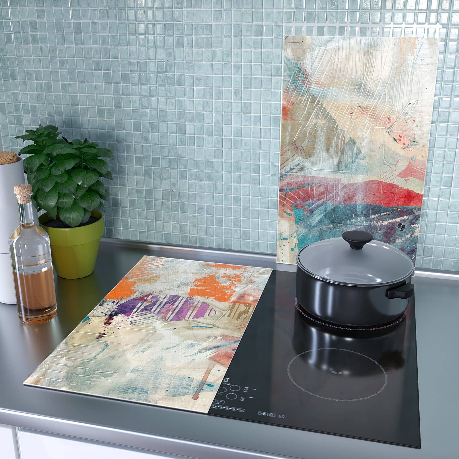 2-teilige Herdabdeckplatte mit Abstrakte Kunst-Motiv als Spritzschutz hinter dem Kochfeld