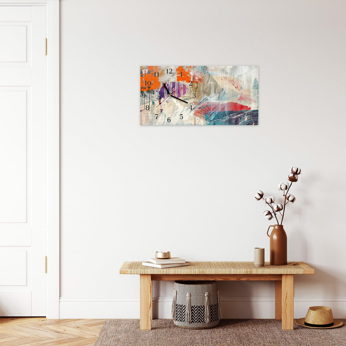 Moderne Wanduhr aus Glas mit Farbtiefe – Wanduhr Moderne Abstraktion aus Glas – Querformat 60 × 30 cm