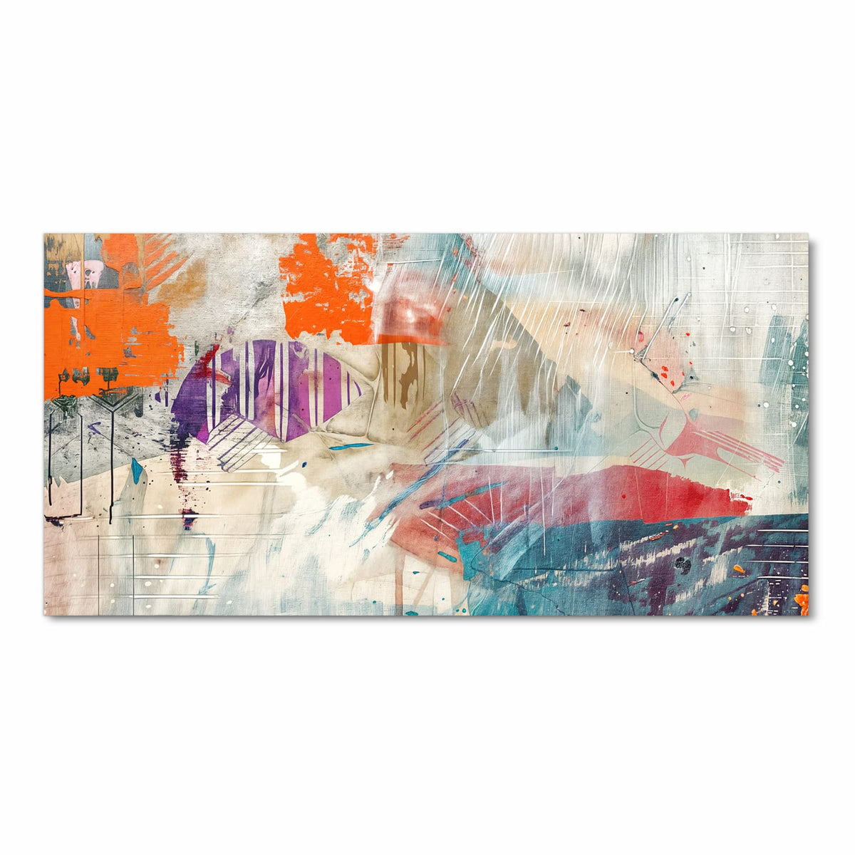 Collage aus orangen, violetten und türkisen Farbfeldern auf hellem Putz