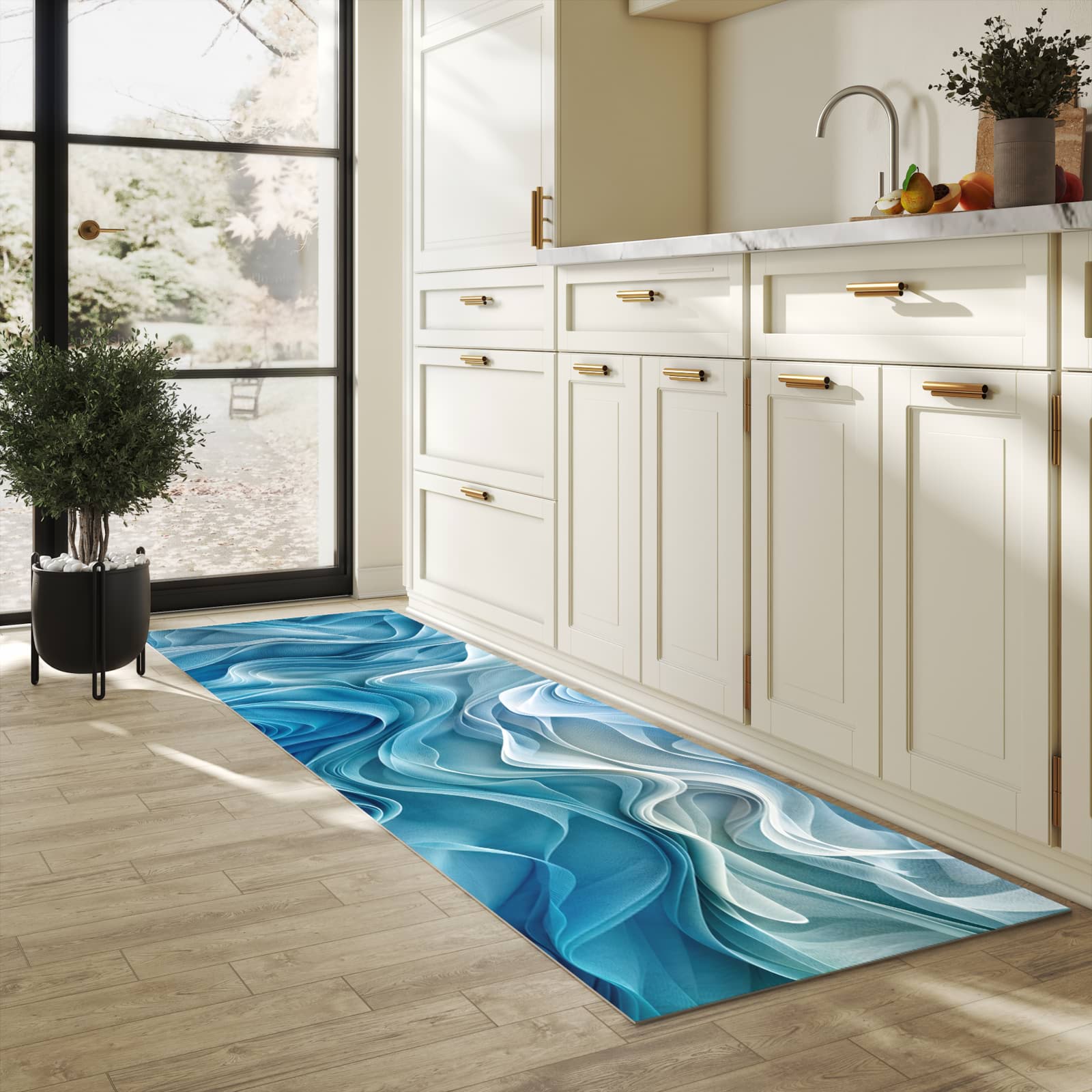 Geruchsneutraler rutschfester Küchenläufer mit Motiv Wellenfließend in heller Küche