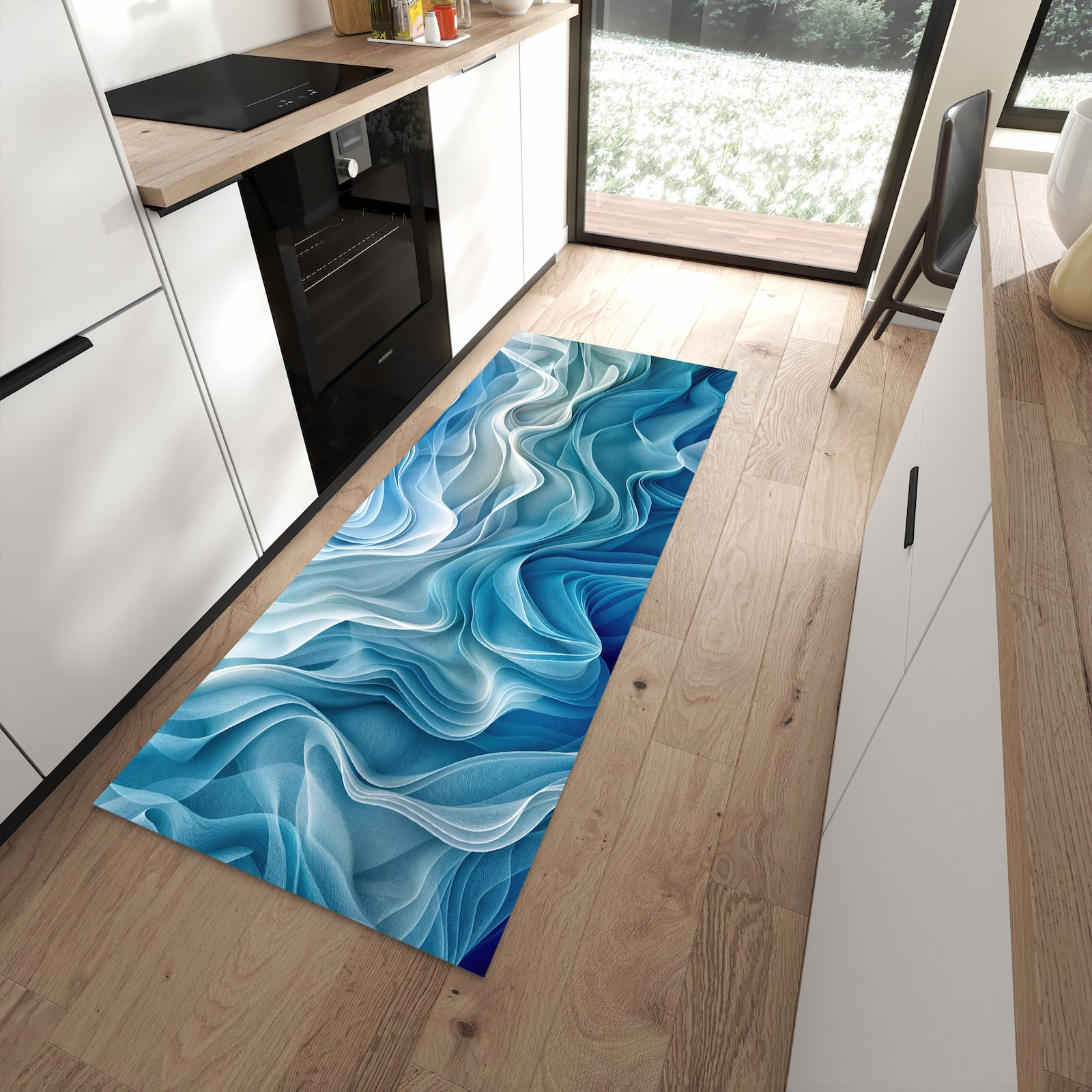 Bodenschonender rutschfester Läufer mit Motiv Wellenfließend in moderner Küche
