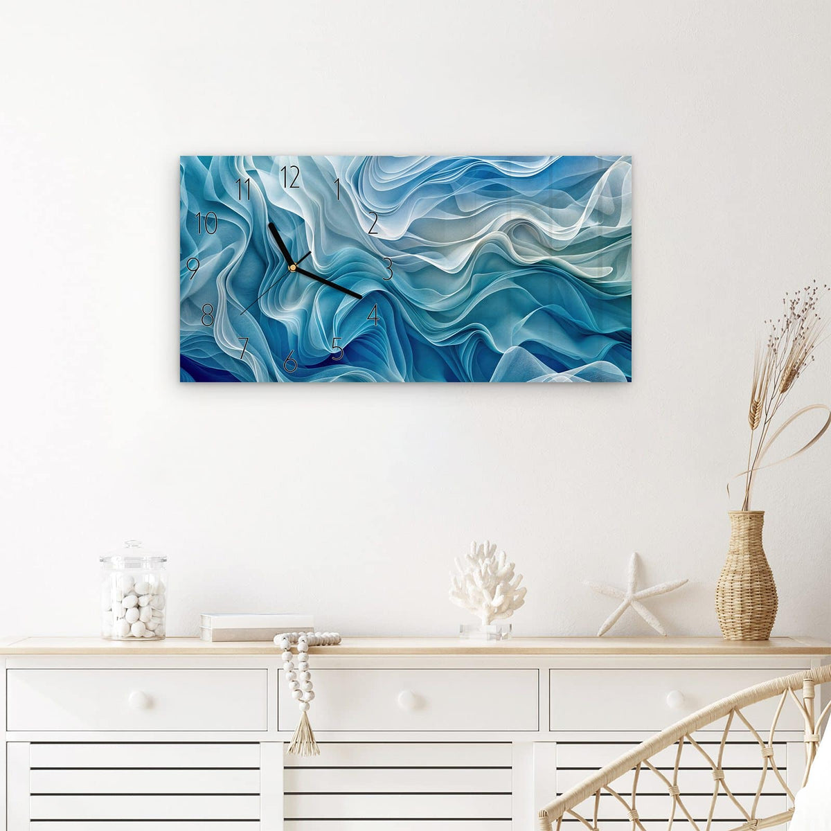 Wanduhr Wellenfließend aus Glas – Querformat 60 × 30 cm – Transparente Wellen in Blau