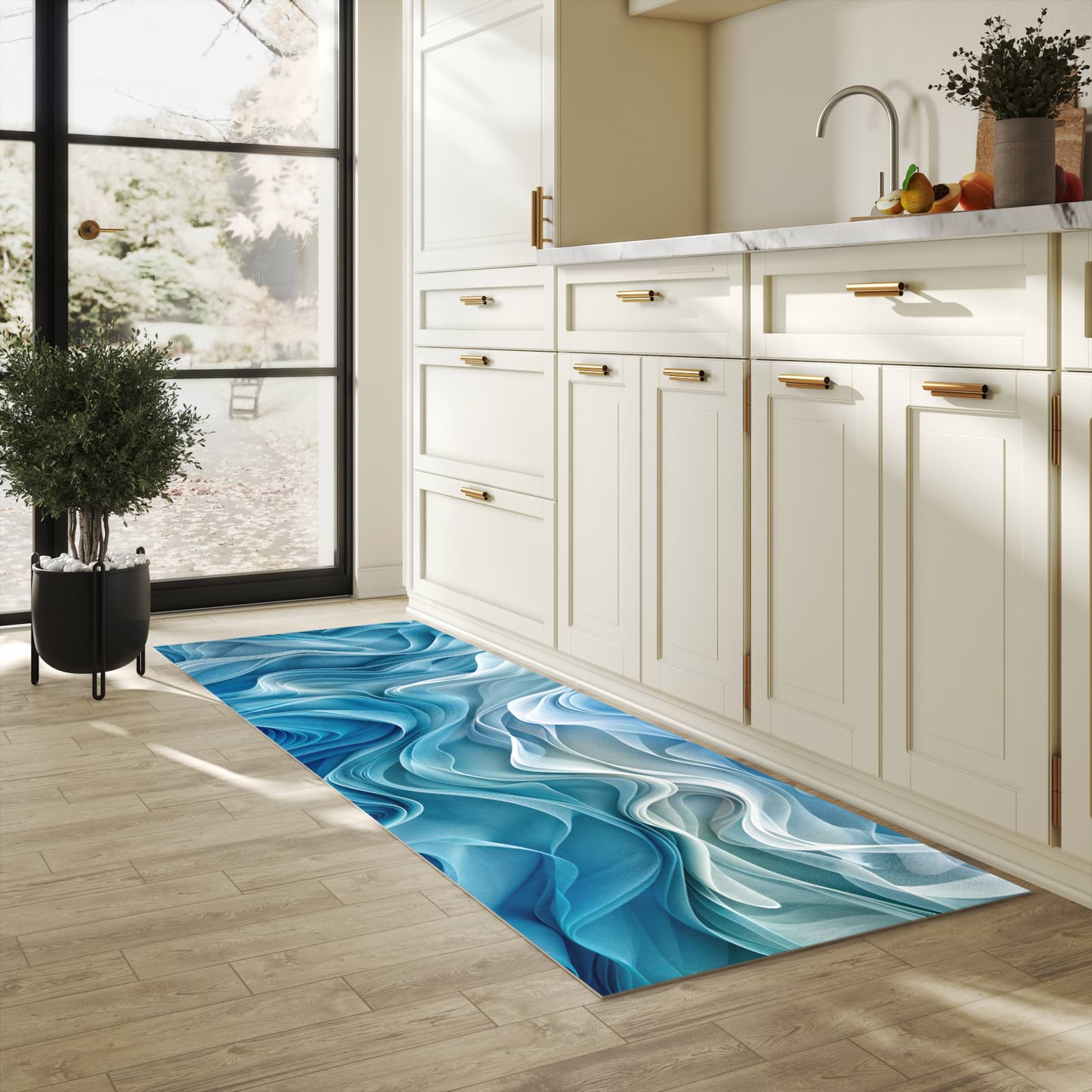 Schmutzabweisender Küchenläufer mit Motiv Wellenfließend in heller Küche