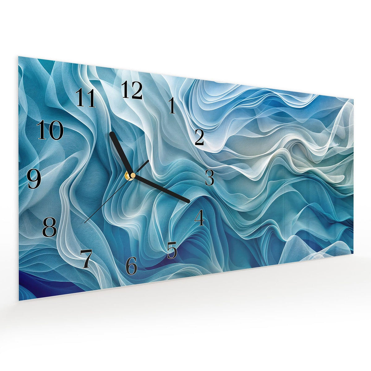 Vormontiert – mit Schwebeeffekt – Wanduhr Wellenfließend aus Glas – Querformat 60 × 30 cm