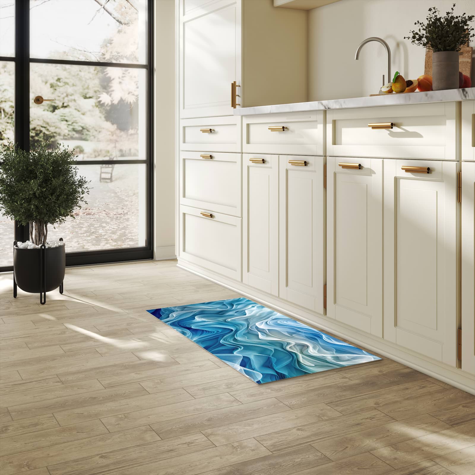 Küchenteppich mit Motiv Wellenfließend in heller Küche für sicheres Aufbewahren