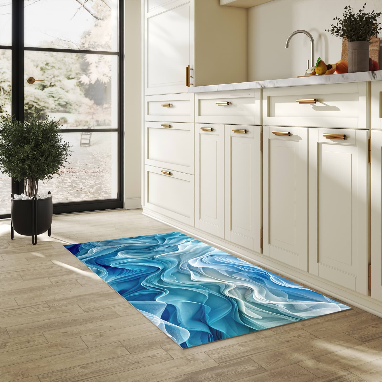 Flacher rutschfester Küchenläufer mit Motiv Wellenfließend in heller Küche